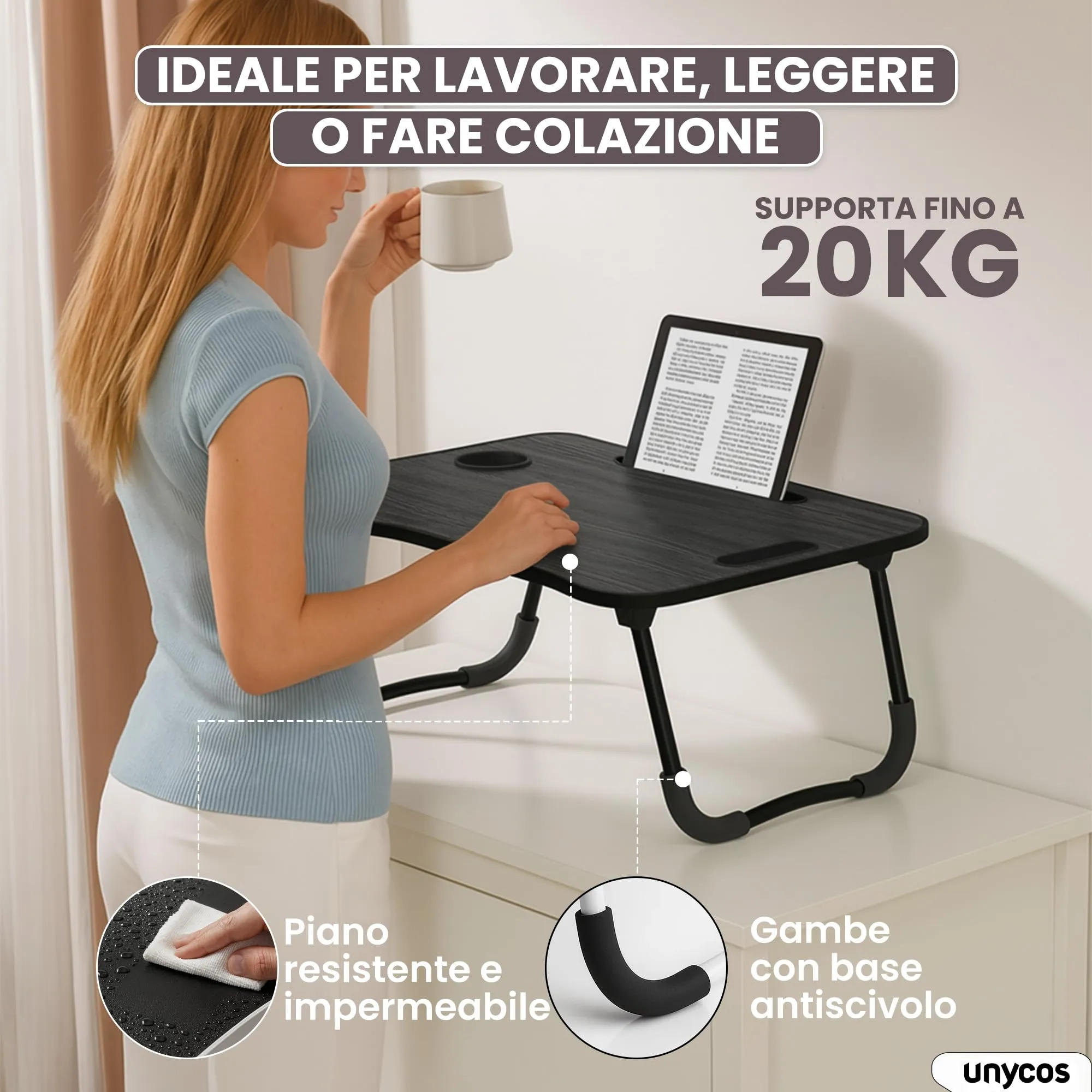 unycos Tavolino Pieghevole da Letto 60x40x26 cm, Nero, senza Cassetto - immagine 2