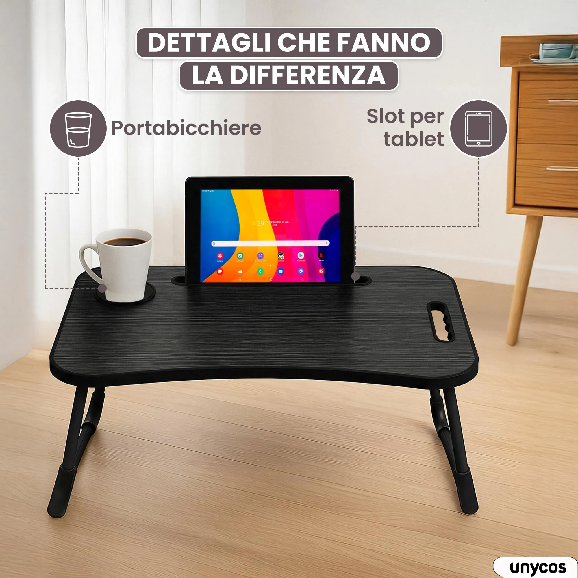 unycos Tavolino Pieghevole da Letto 60x40x26 cm, Nero, senza Cassetto - immagine 4