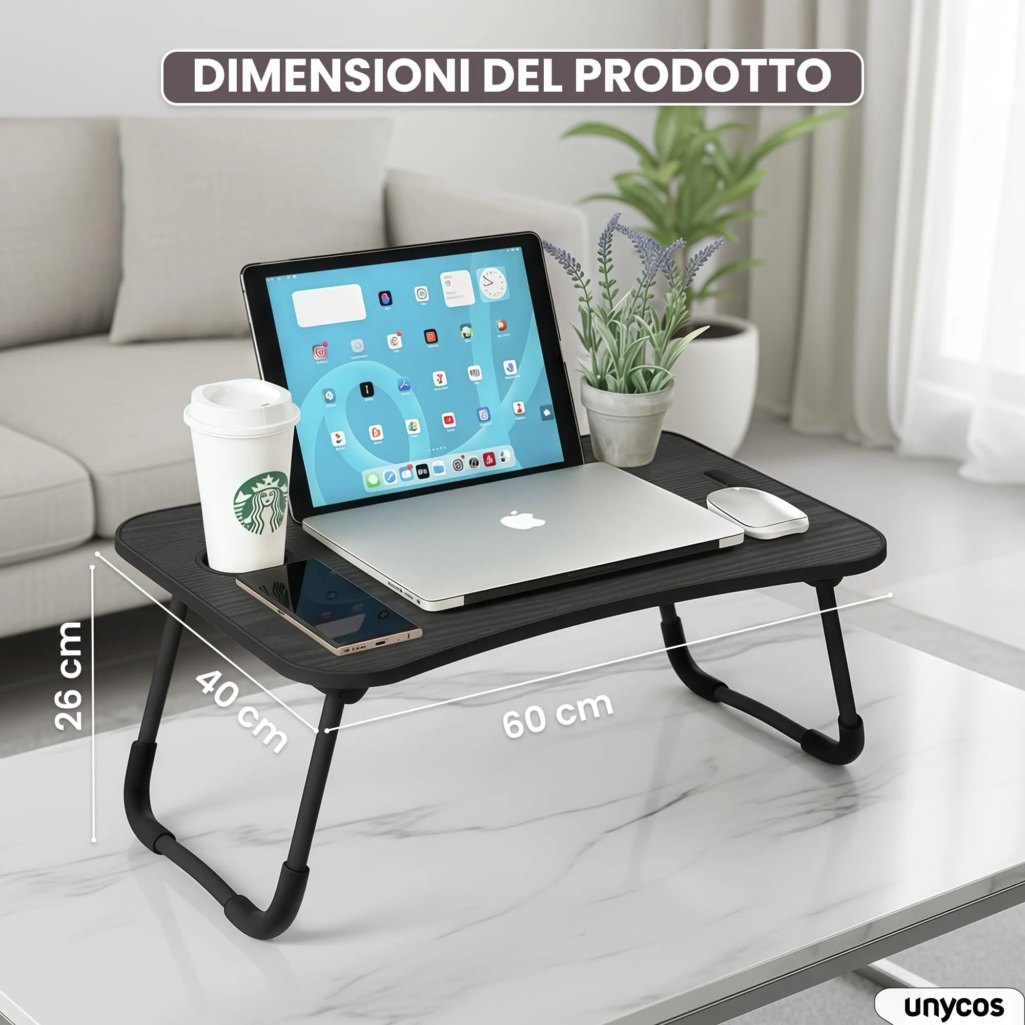 unycos Tavolino Pieghevole da Letto 60x40x26 cm, Nero, senza Cassetto - immagine 7