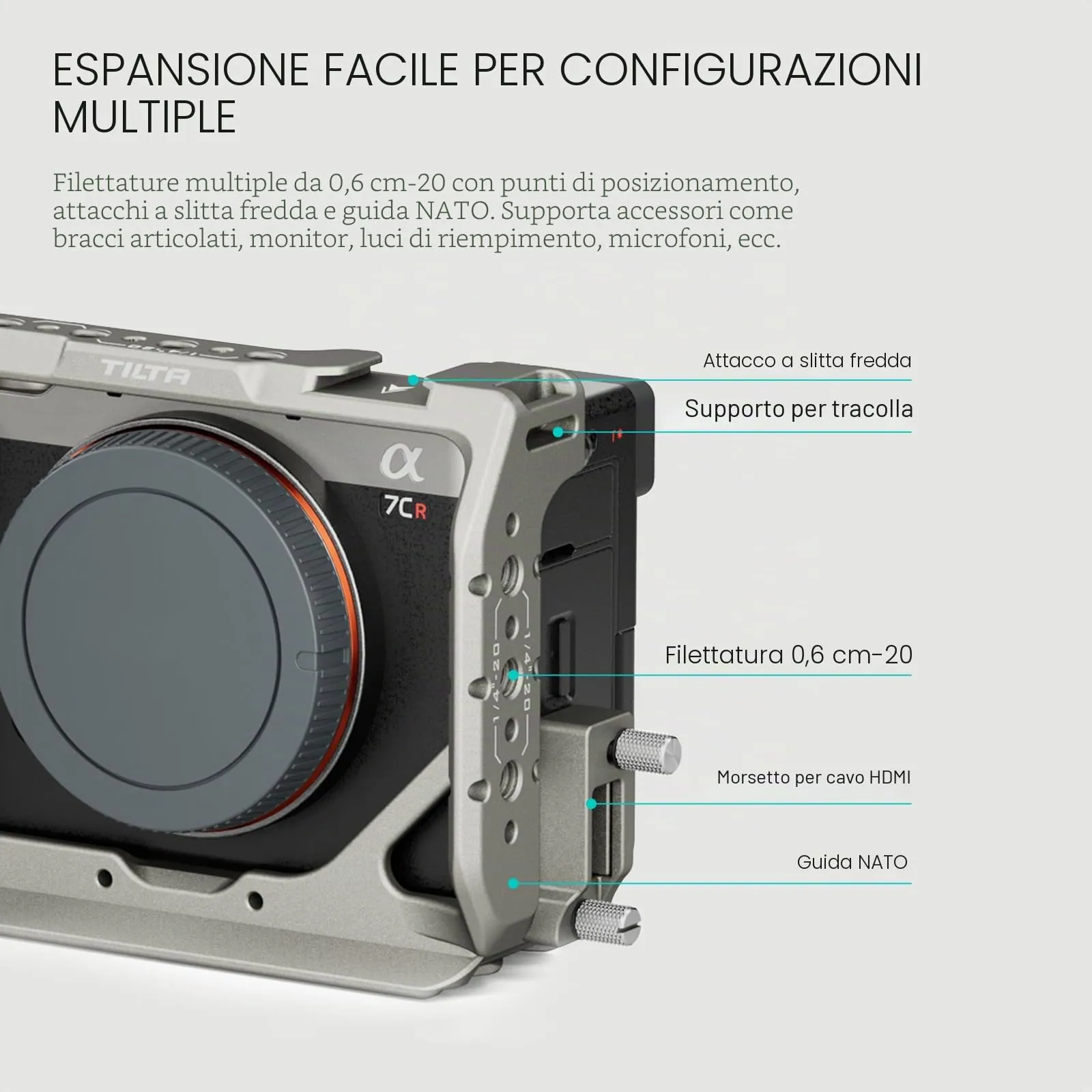 Tilta Full Camera Cage for Sony a7C II and a7C with HDMI Cable Clamp - Titanium Grey TA-T60-FCC-TG - immagine 3