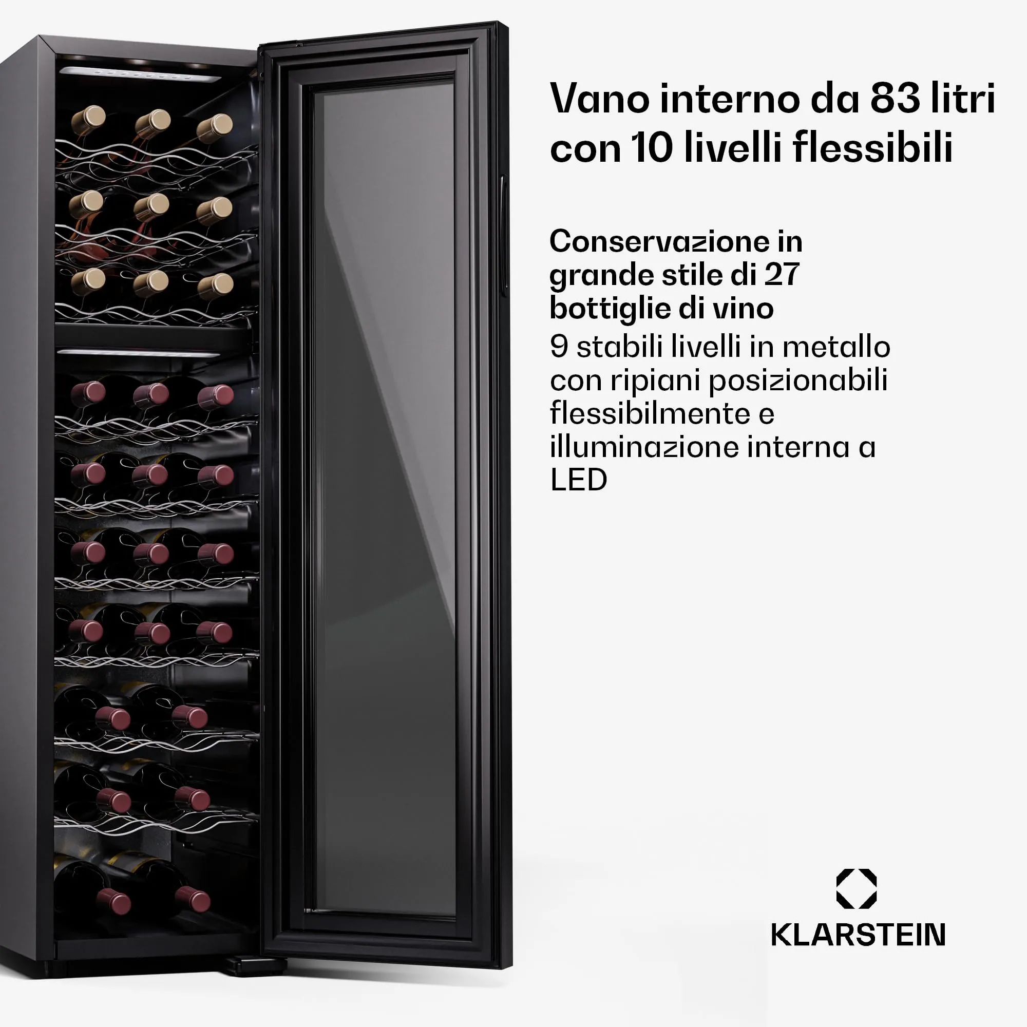 Klarstein Shiraz Cantinetta Vino Nero - 27 Bottiglie, Doppia Temperatura, Slim - immagine 3