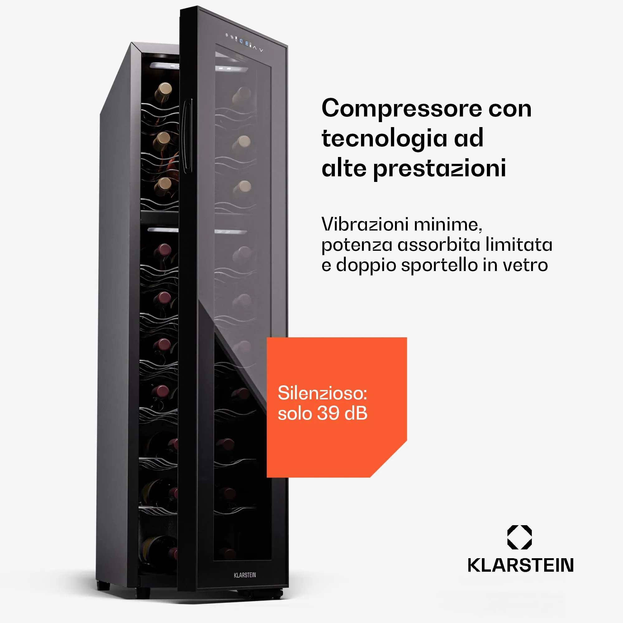 Klarstein Shiraz Cantinetta Vino Nero - 27 Bottiglie, Doppia Temperatura, Slim - immagine 5