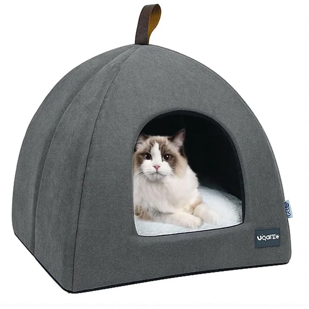 Voarge Letto per gatti in peluche con cuscino rimovibile e lavabile, Grigio, Piccolo - immagine 1