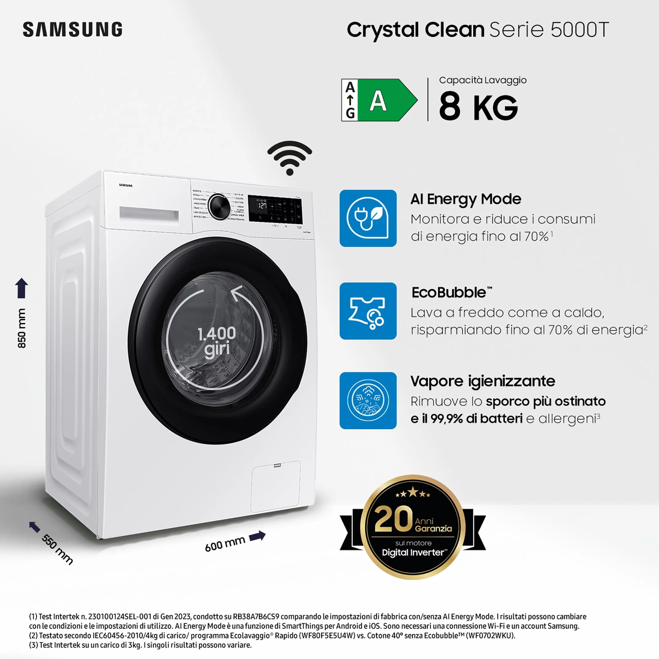 Samsung Crystal Clean WW80CGC04DAEET Lavatrice, 8 Kg, Wifi, Ecobubble, Vapore, Carica Frontale, 60x85x60 cm - immagine 2