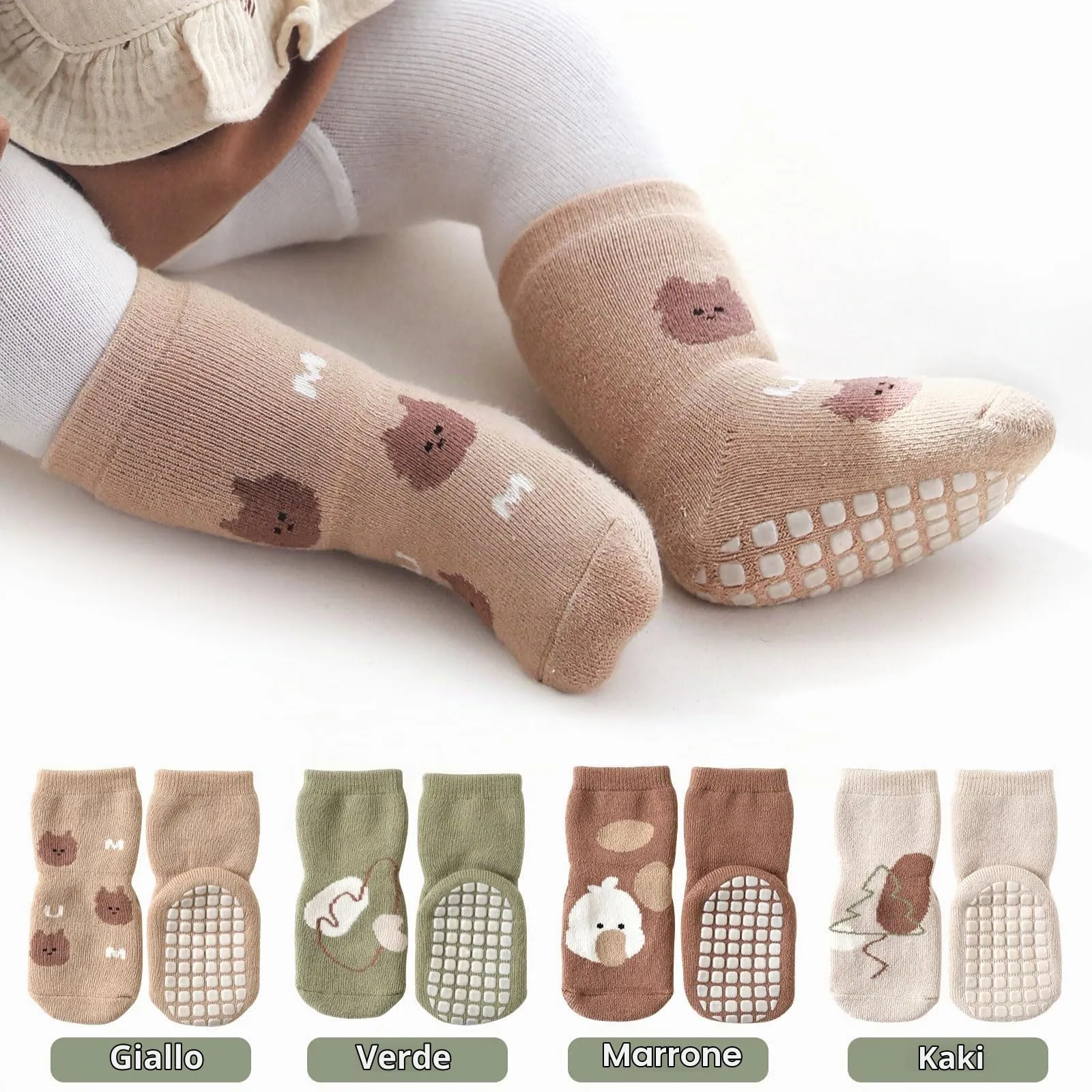 Bigqin Calzini Antiscivolo in Cotone per Bambino, Invernali Caldi, 4 Paia, Giallo/Caffè/Cachi/Verde, 3-5 anni - immagine 2