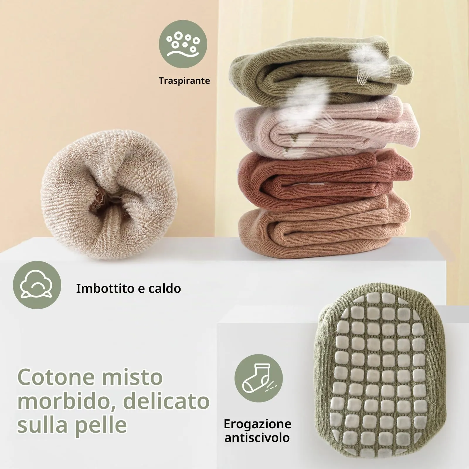 Bigqin Calzini Antiscivolo in Cotone per Bambino, Invernali Caldi, 4 Paia, Giallo/Caffè/Cachi/Verde, 3-5 anni - immagine 4