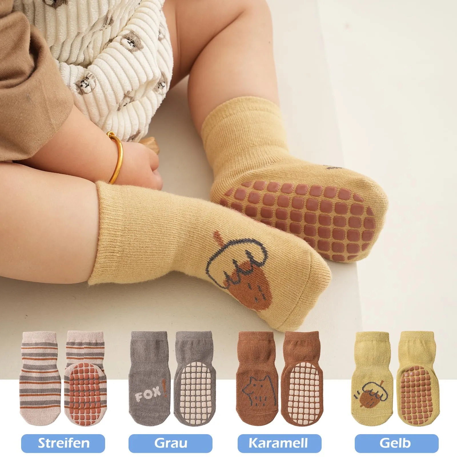 Bigqin Calzini Antiscivolo in Cotone per Bambini, Invernali Caldi, 4 Paia, Giallo/Grigio/Marrone/Cachi, 3-5 anni - immagine 5