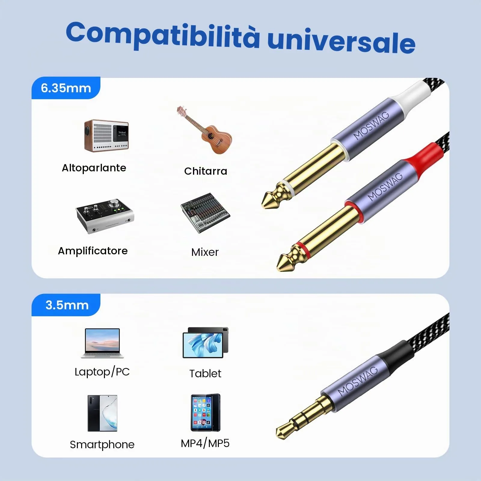 MOSWAG Cavo Audio Jack 3.5mm a Doppio 6.35mm - immagine 2
