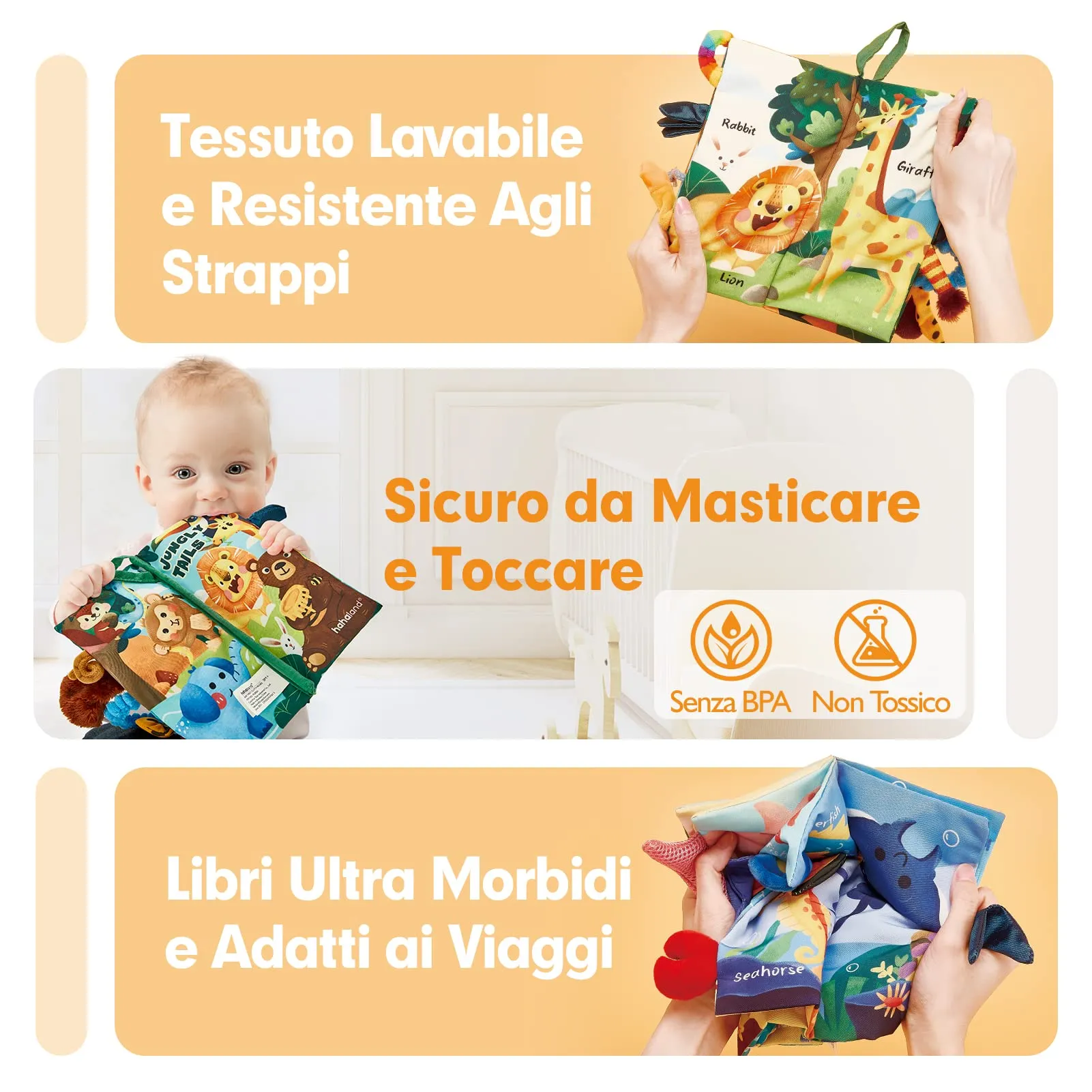 hahaland Libri di Stoffa Neonati 2 Pezzi, Libri Morbidi Animali Giungla - immagine 3