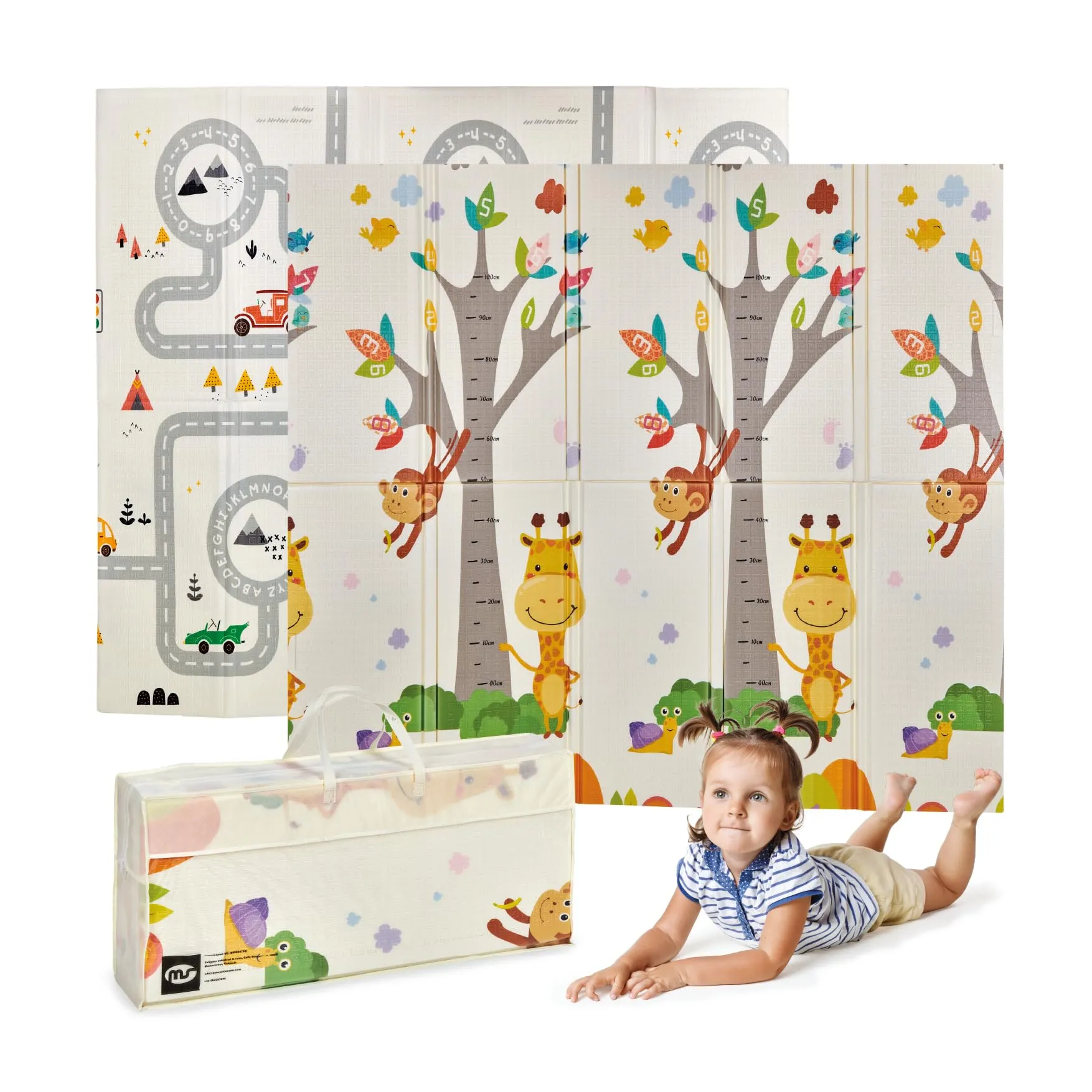 MS Fancy Tappeto Gioco per Bambini 180x200 cm, Imbottito 1,5 cm, Pieghevole con Borsa per il Trasporto (Giraffa/Auto) - immagine 1