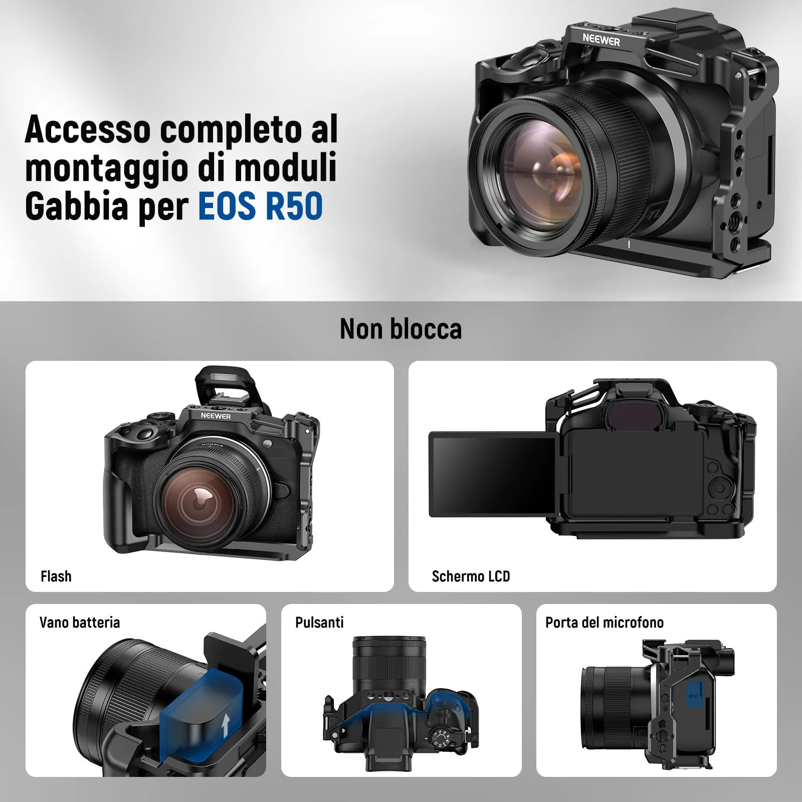 NEEWER Gabbia per Fotocamera Canon EOS R50, Video Rig in Alluminio con Guida NATO, Fori ARRI 3/8", Slitta Fredda, Base Arca QR, CA031 - immagine 2