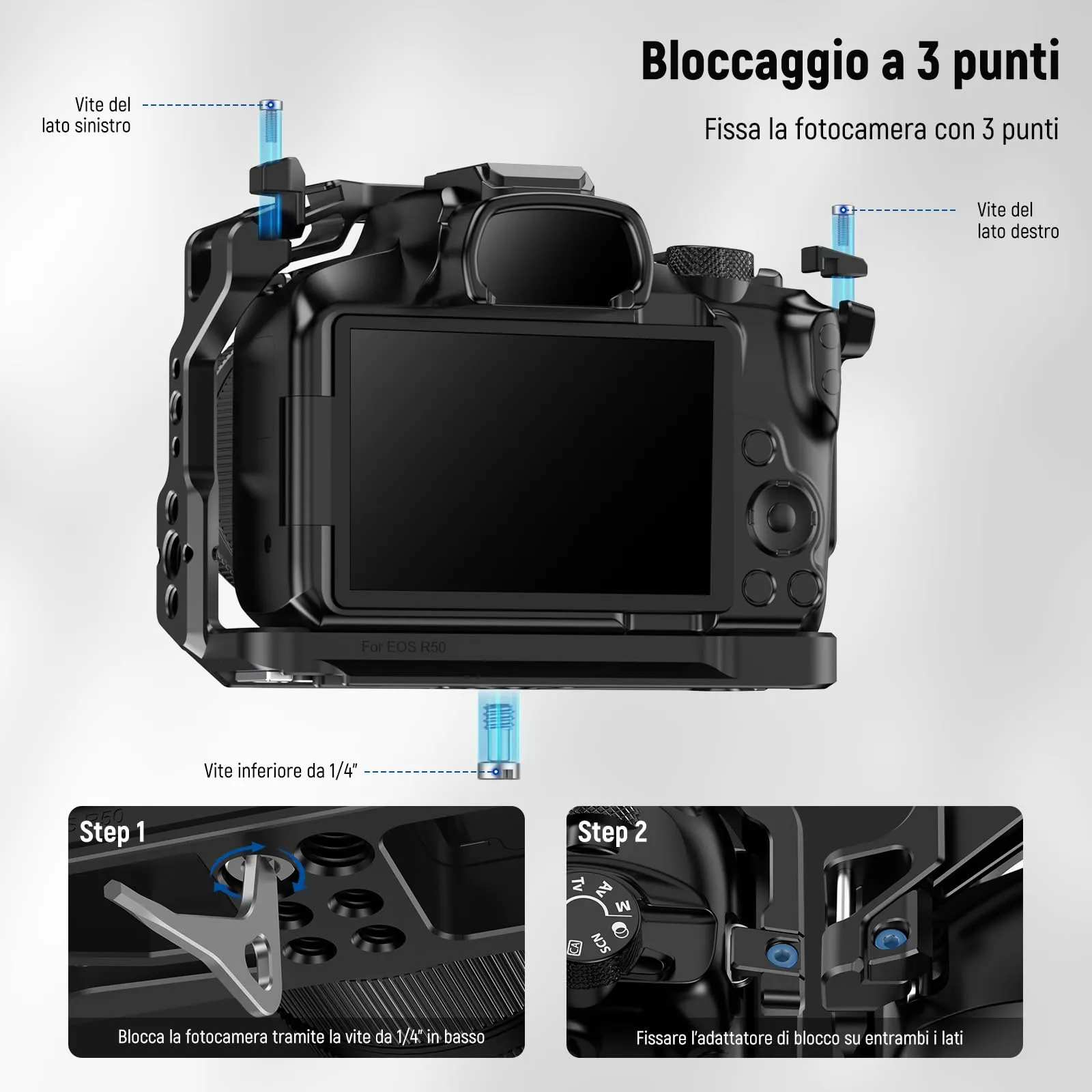 NEEWER Gabbia per Fotocamera Canon EOS R50, Video Rig in Alluminio con Guida NATO, Fori ARRI 3/8", Slitta Fredda, Base Arca QR, CA031 - immagine 3