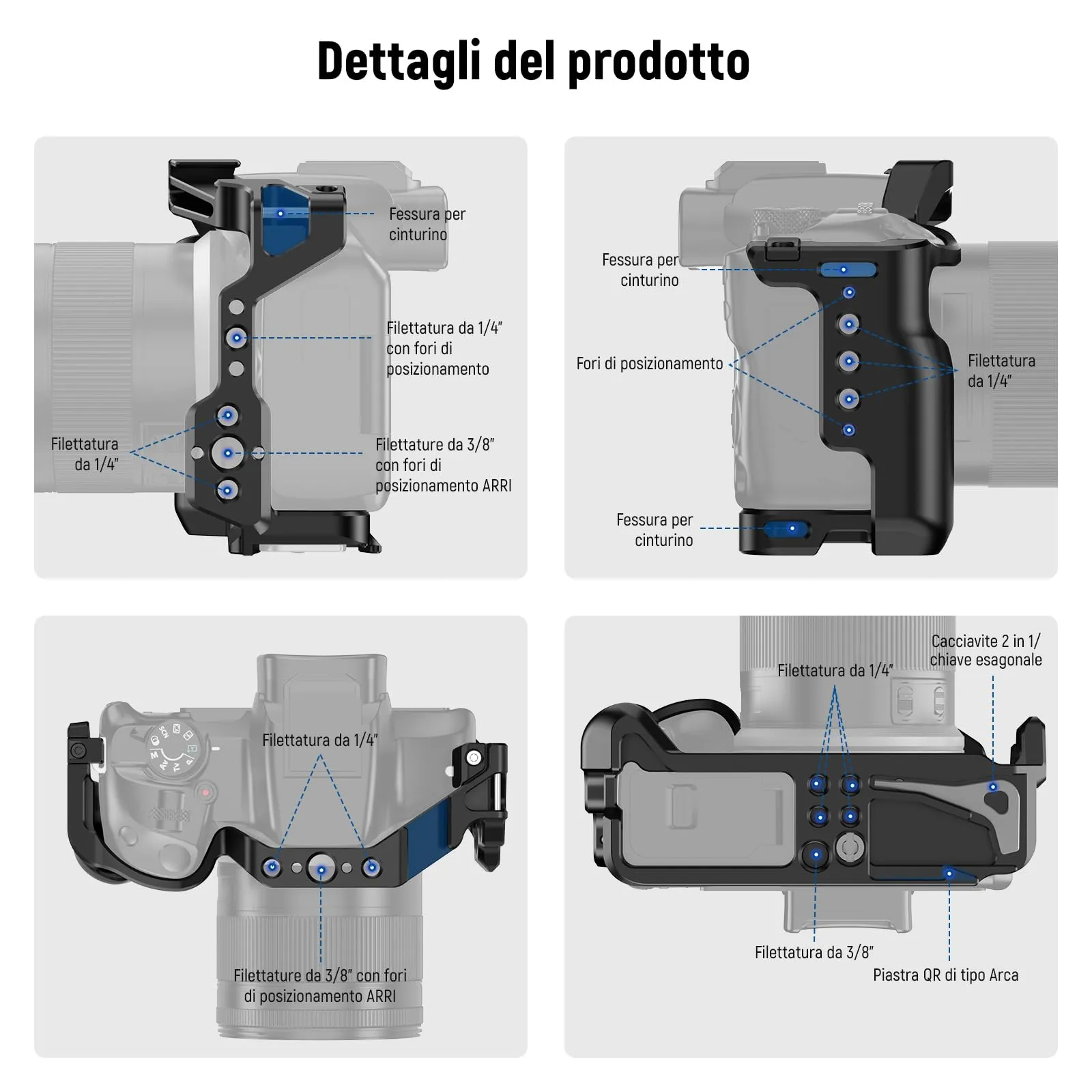 NEEWER Gabbia per Fotocamera Canon EOS R50, Video Rig in Alluminio con Guida NATO, Fori ARRI 3/8", Slitta Fredda, Base Arca QR, CA031 - immagine 4