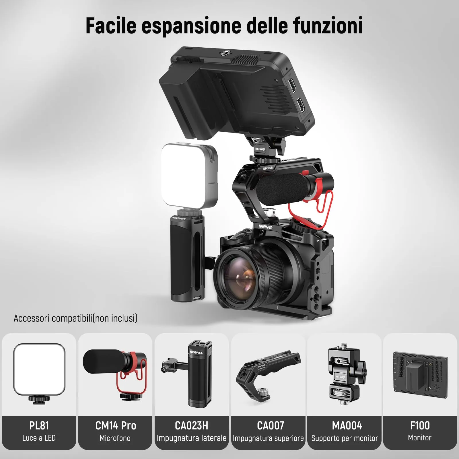NEEWER Gabbia per Fotocamera Canon EOS R50, Video Rig in Alluminio con Guida NATO, Fori ARRI 3/8", Slitta Fredda, Base Arca QR, CA031 - immagine 5