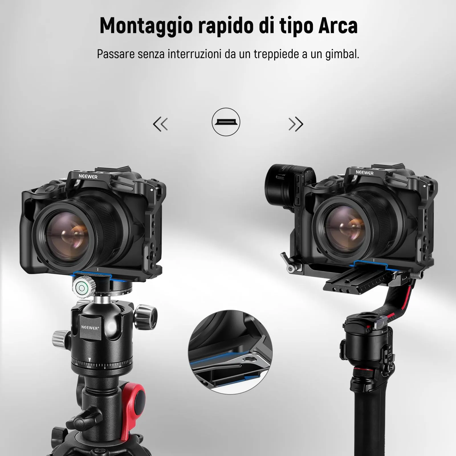 NEEWER Gabbia per Fotocamera Canon EOS R50, Video Rig in Alluminio con Guida NATO, Fori ARRI 3/8", Slitta Fredda, Base Arca QR, CA031 - immagine 6