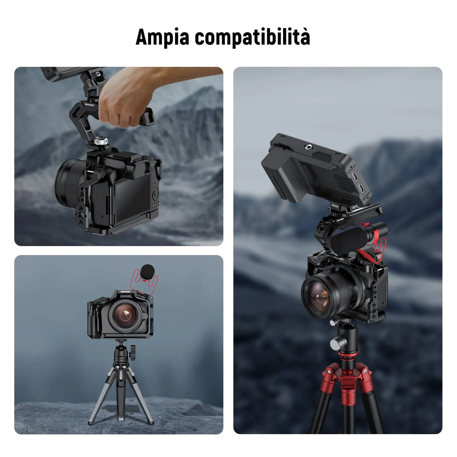 NEEWER Gabbia per Fotocamera Canon EOS R50, Video Rig in Alluminio con Guida NATO, Fori ARRI 3/8", Slitta Fredda, Base Arca QR, CA031 - immagine 7