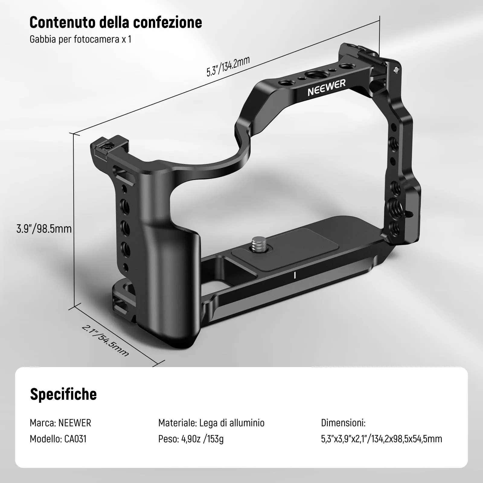 NEEWER Gabbia per Fotocamera Canon EOS R50, Video Rig in Alluminio con Guida NATO, Fori ARRI 3/8", Slitta Fredda, Base Arca QR, CA031 - immagine 9