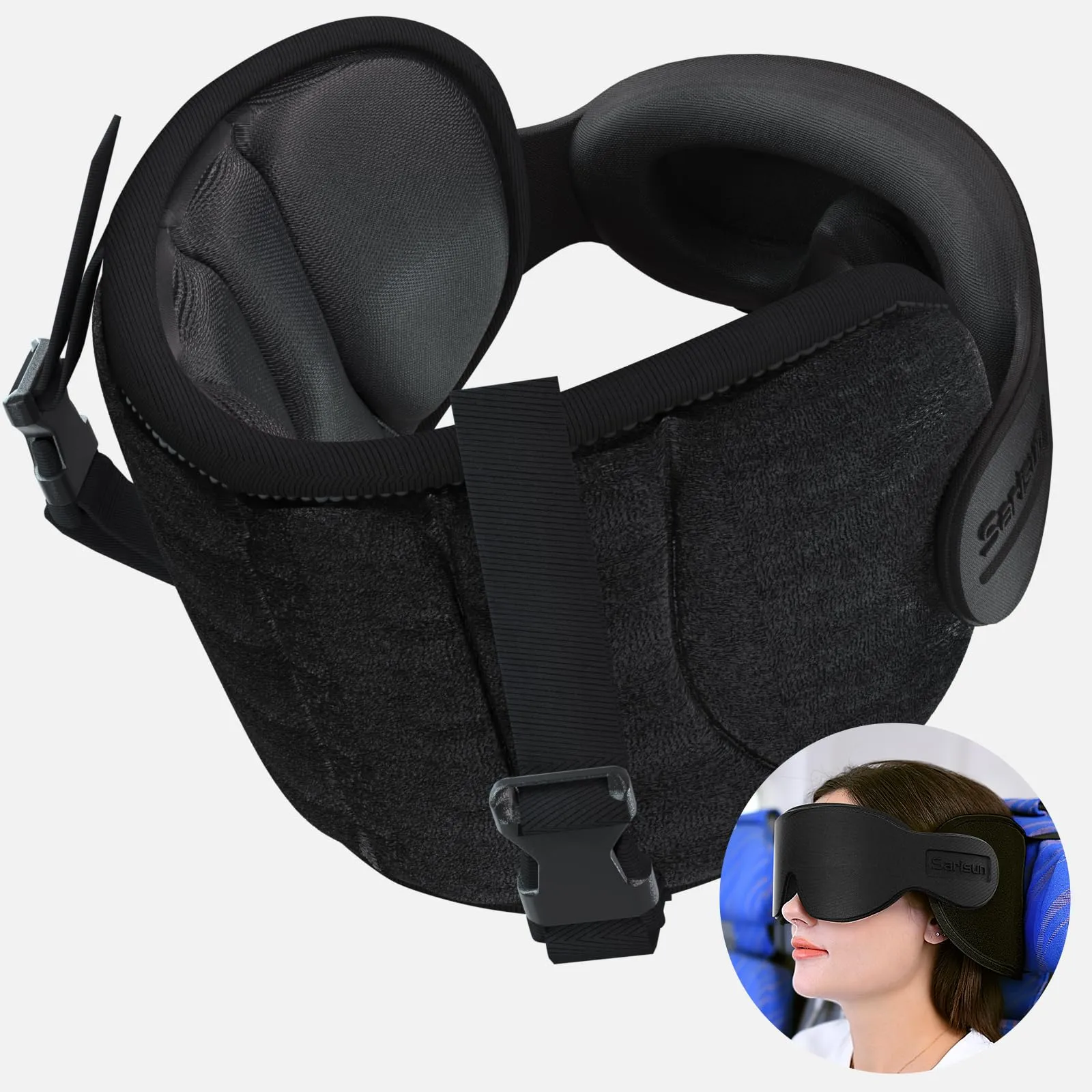 SARISUN Cuscino da Viaggio per Aereo con Cinghia Sedile e Maschera per Occhi - immagine 1