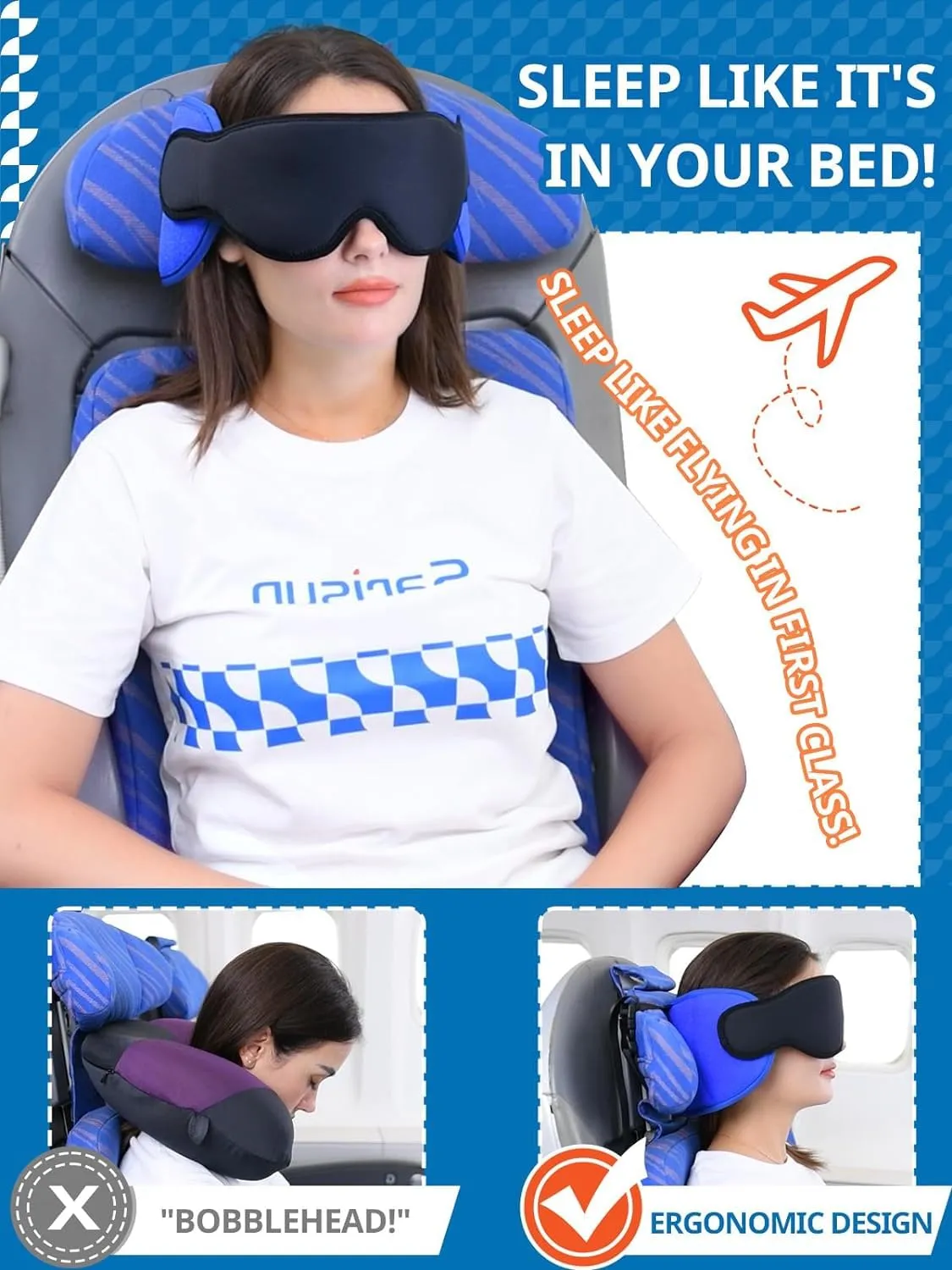 SARISUN Cuscino da Viaggio per Aereo con Cinghia Sedile e Maschera per Occhi, Viola - immagine 2