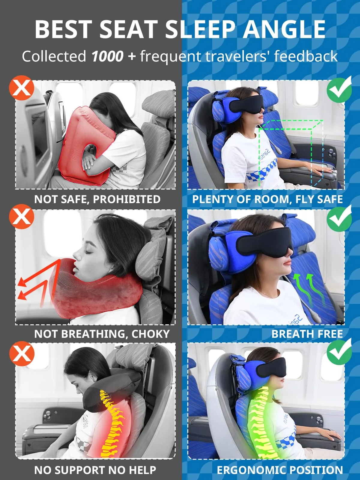 SARISUN Cuscino da Viaggio per Aereo con Cinghia Sedile e Maschera per Occhi, Viola - immagine 3