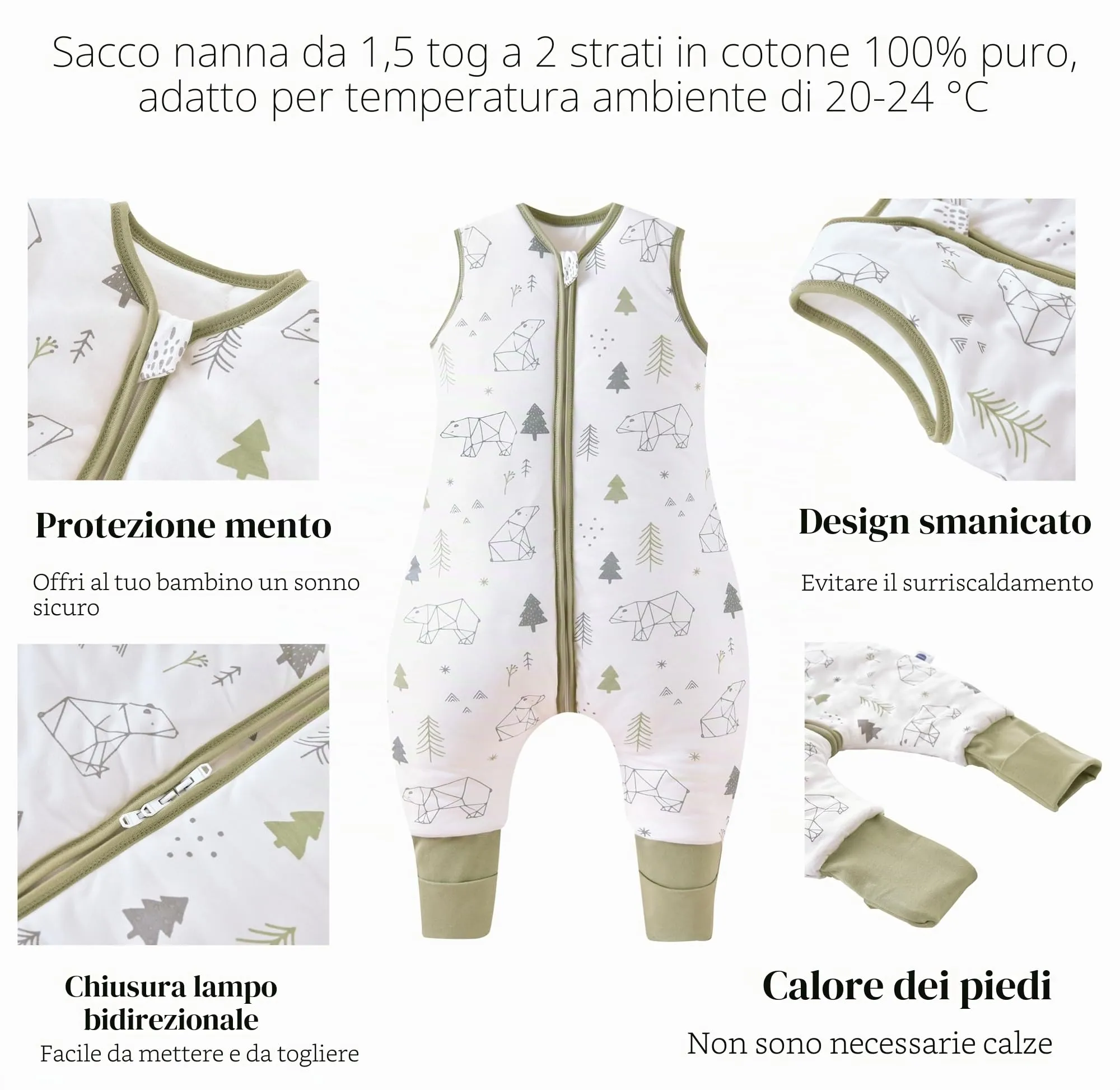 Chilsuessy Sacco Nanna con Gambe, 1,5 Tog, 100% Cotone, Scoiattolo + Orso Forestale, 100 cm (Altezza 105-115 cm) - immagine 2