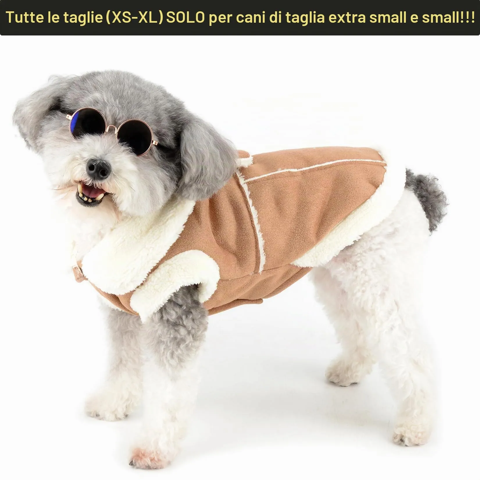 Zunea Cappottino invernale in pile per cani di piccola taglia e gatti con anello a D e fiocco, Cachi, XL - immagine 2