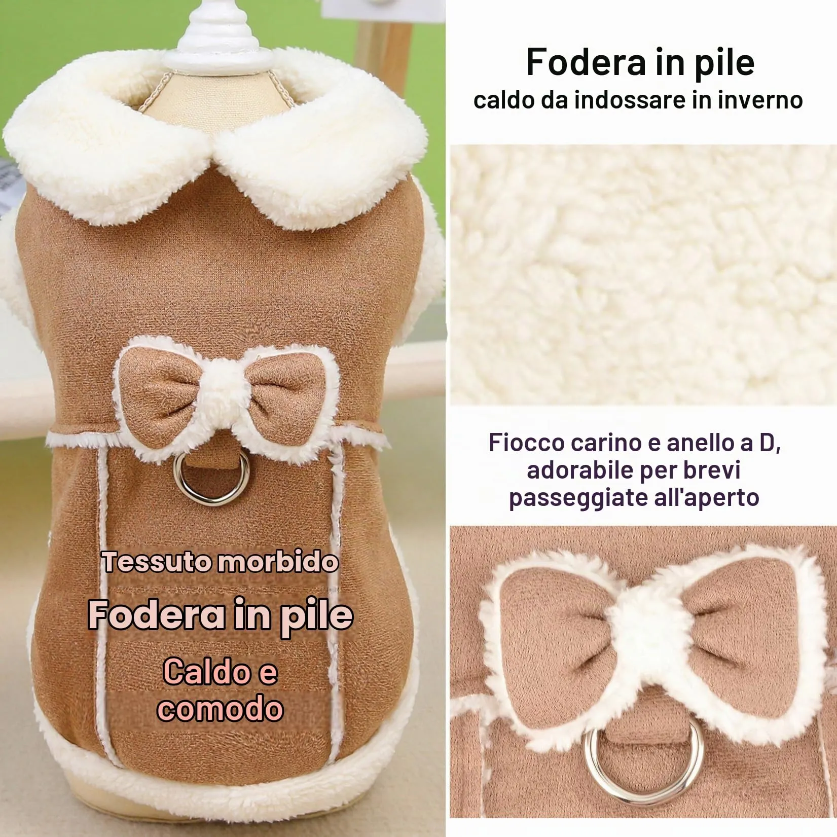 Zunea Cappottino invernale in pile per cani di piccola taglia e gatti con anello a D e fiocco, Cachi, XL - immagine 4