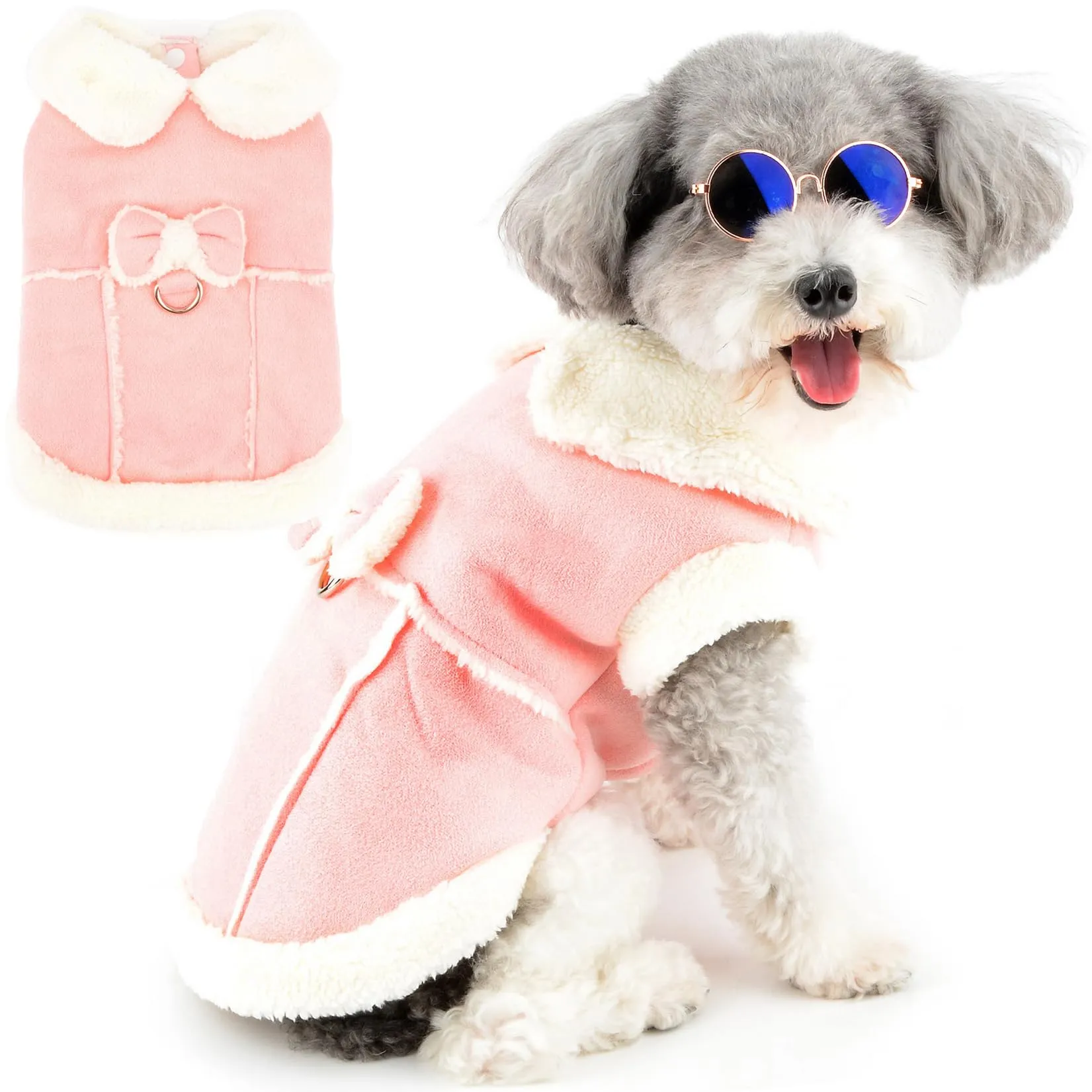 Zunea Cappotto invernale in pile per cani di taglia piccola e gatti con anello a D e fiocco, Rosa, XS - immagine 1