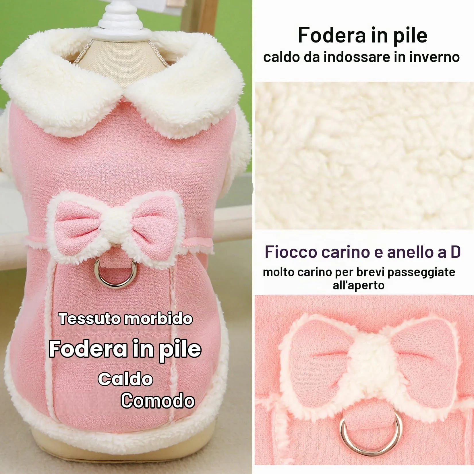 Zunea Cappotto invernale in pile per cani di taglia piccola e gatti con anello a D e fiocco, Rosa, XS - immagine 4