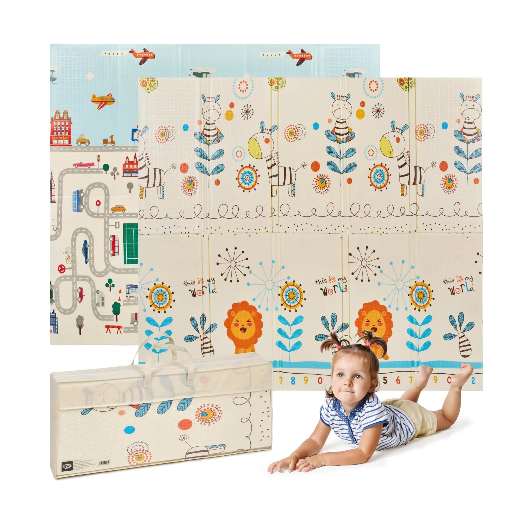 MS Fancy Tappeto gioco per bambini 180x200 cm, doppio lato, imbottito 1,5 cm, pieghevole con borsa per il trasporto (Leon/Aereo) - immagine 1