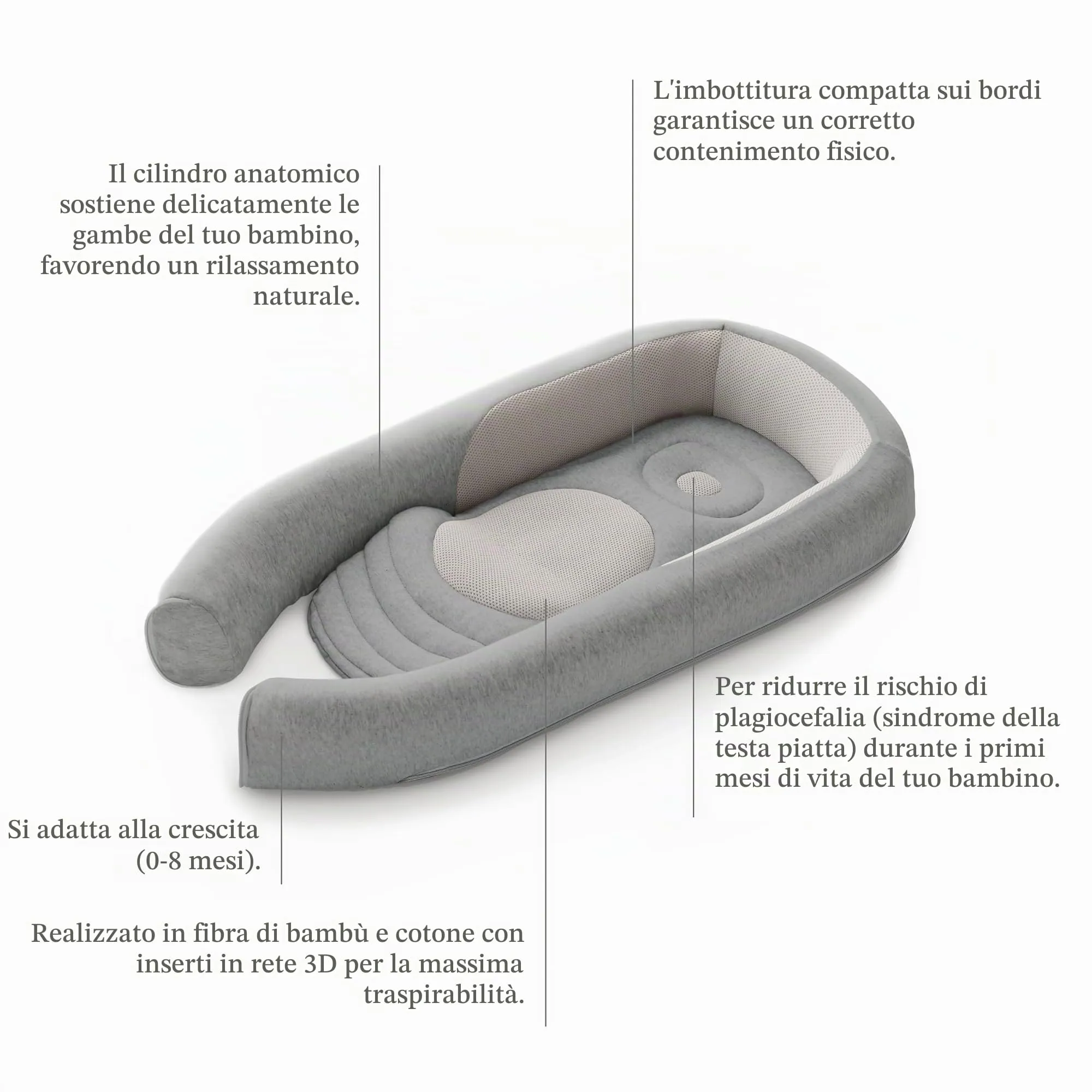 Inglesina Welcome Pod Baby Nest Ergonomico 0-8 Mesi, Riduttore Lettino Traspirante in Bambù e Cotone, Sfoderabile e Lavabile (Harmony Grey) - immagine 2