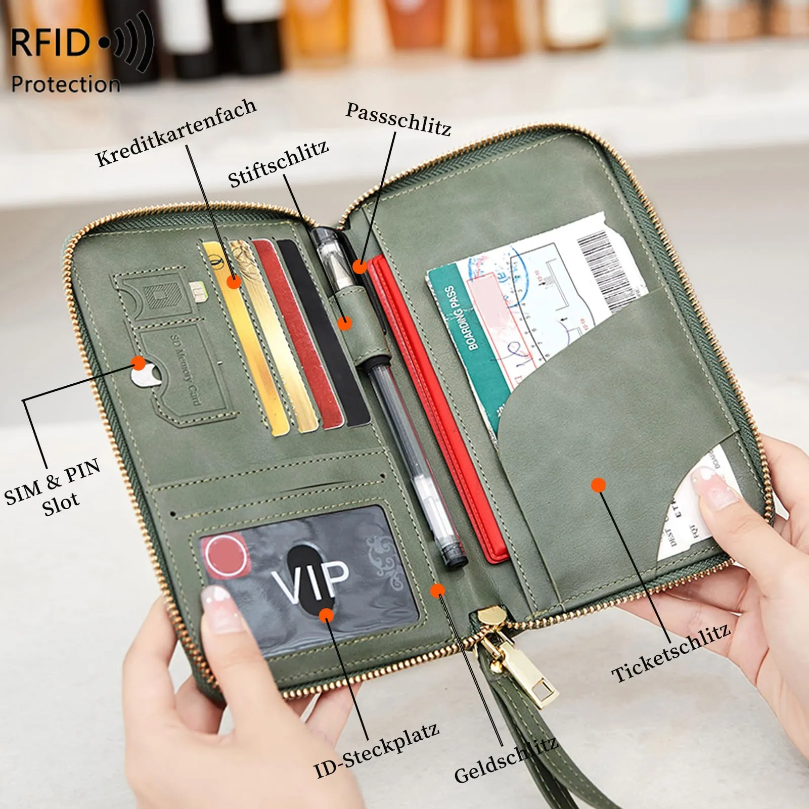 Toctax Custodia per passaporto in pelle per uomo e donna, con blocco RFID e scomparti per carte di credito, verde, 19 x 11.5 x 2 cm - immagine 4
