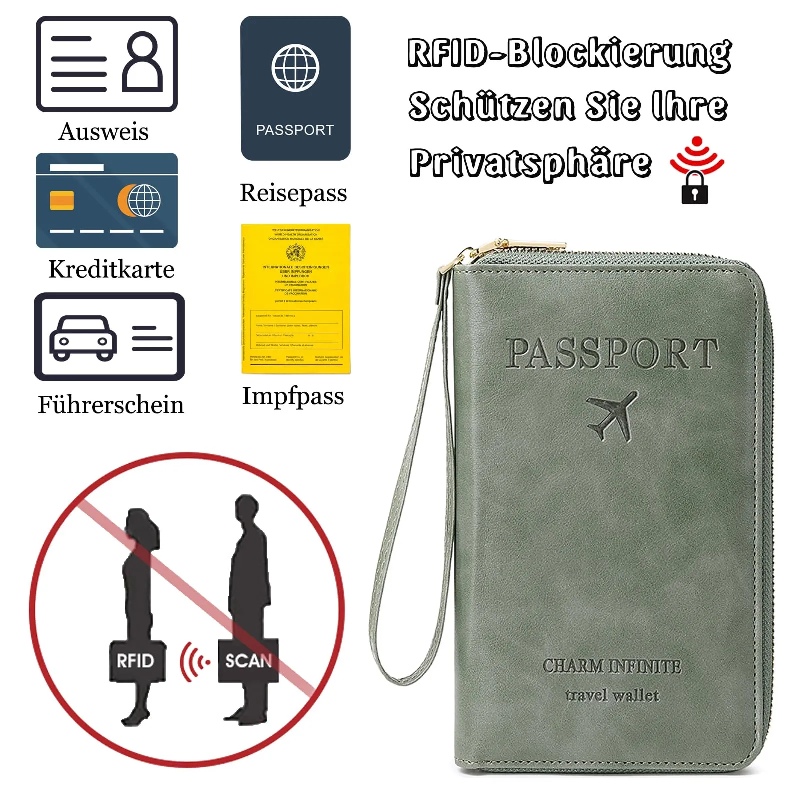 Toctax Custodia per passaporto in pelle per uomo e donna, con blocco RFID e scomparti per carte di credito, verde, 19 x 11.5 x 2 cm - immagine 5