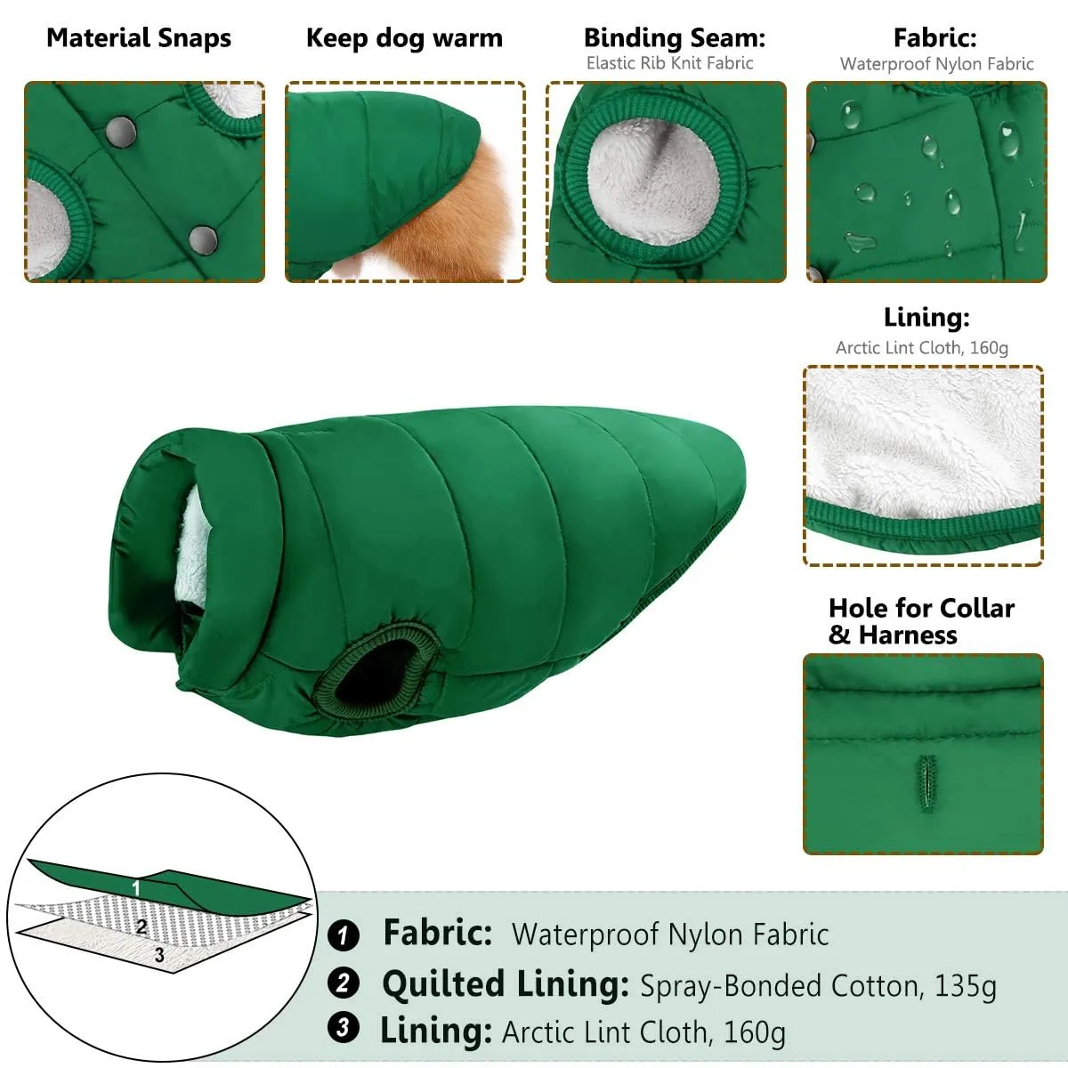 ASENKU Cappotto Invernale Impermeabile e Antivento per Cani, Gilet Foderato in Pile, Verde, 2XL - immagine 2