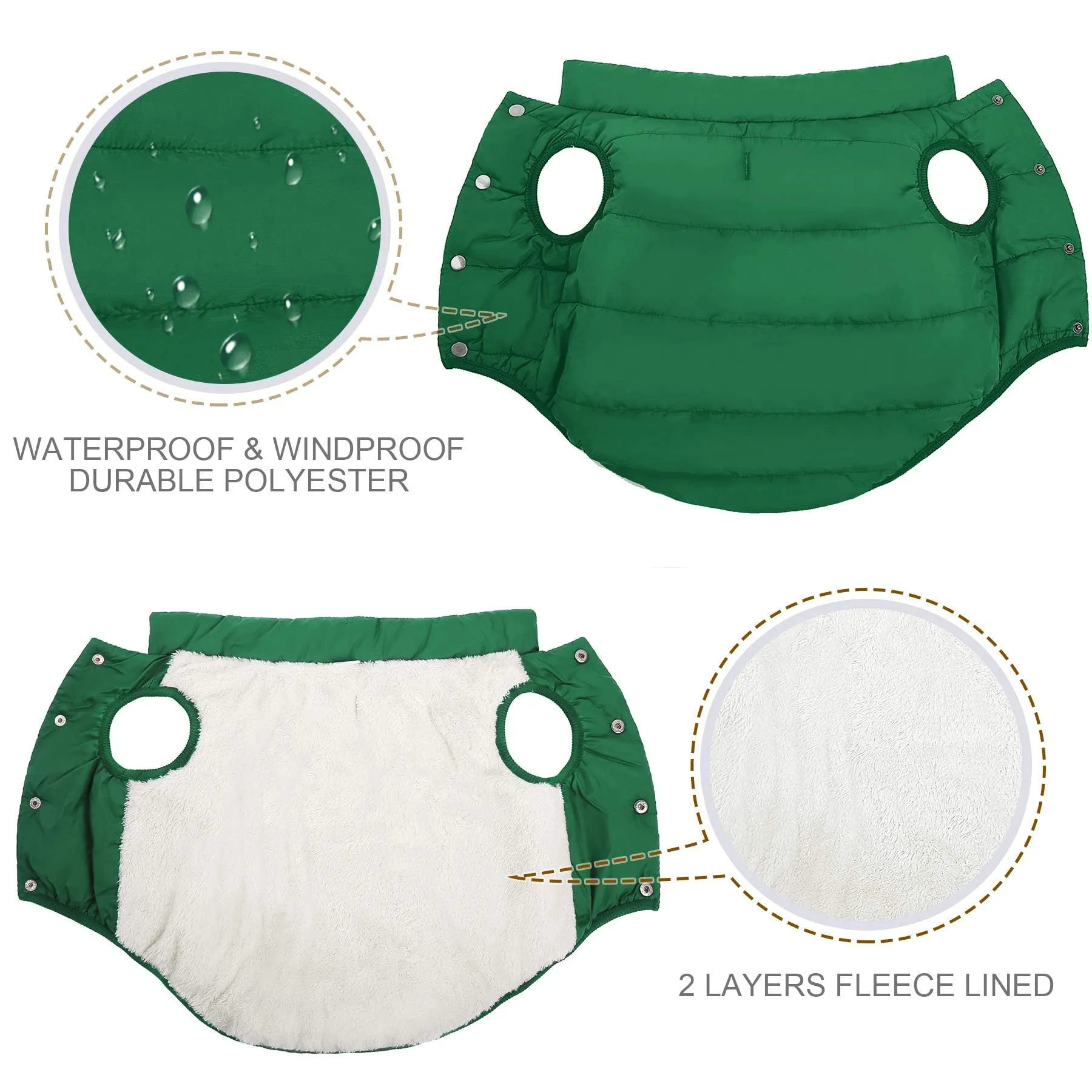 ASENKU Cappotto Impermeabile e Antivento per Cani, Gilet Invernale Foderato in Pile a 2 Strati, Verde, XS - immagine 4