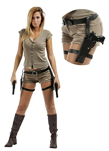 CA SE FETE Costume Accessori Lara Croft Kit 6 Pezzi - 2 Pistole 21 cm, Guanti Neri, Occhiali da Sole Rossi, Cintura Fondina Doppia Cosce - immagine 5