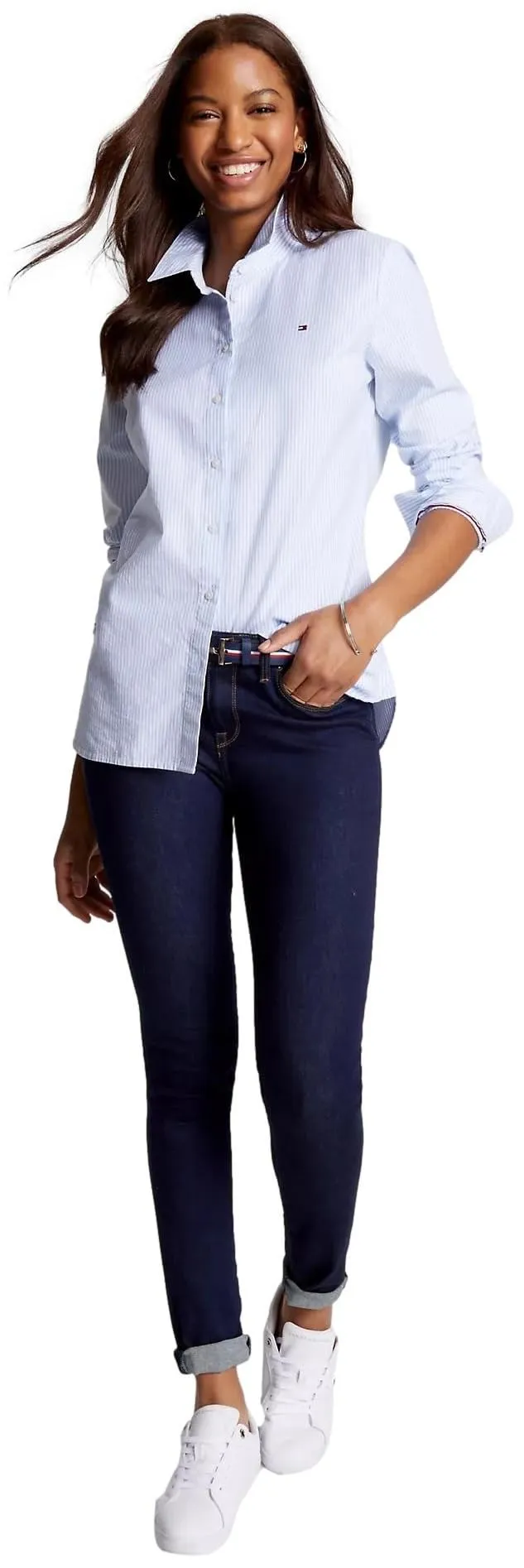 Tommy Hilfiger Camicia Donna Roll Tab Button Down a Righe Blu/Bianco Brillante, S - immagine 2