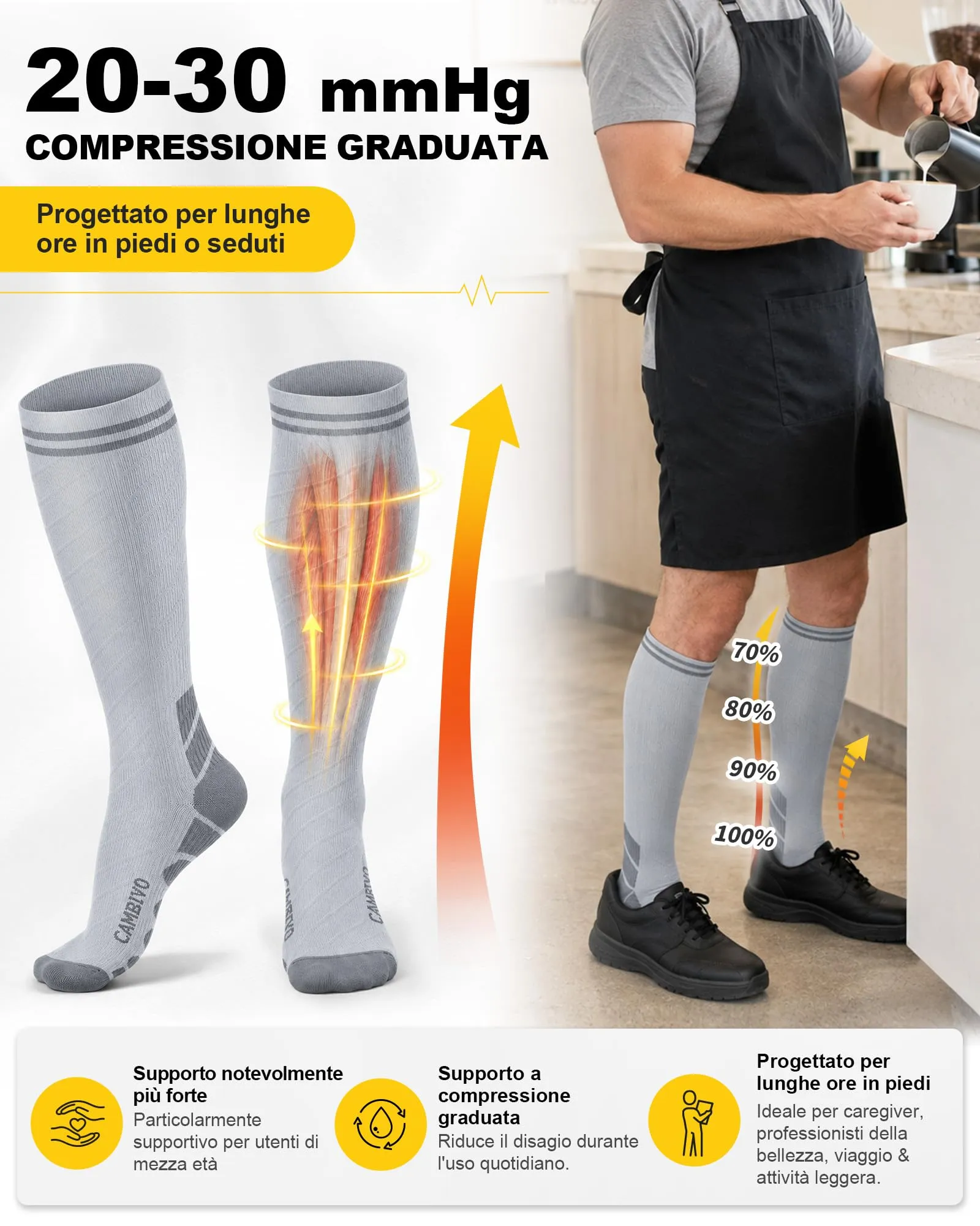 CAMBIVO Calze a Compressione Graduata 20-30mmHg, 3 Paia, Grigio/Nero, L-XL - immagine 3