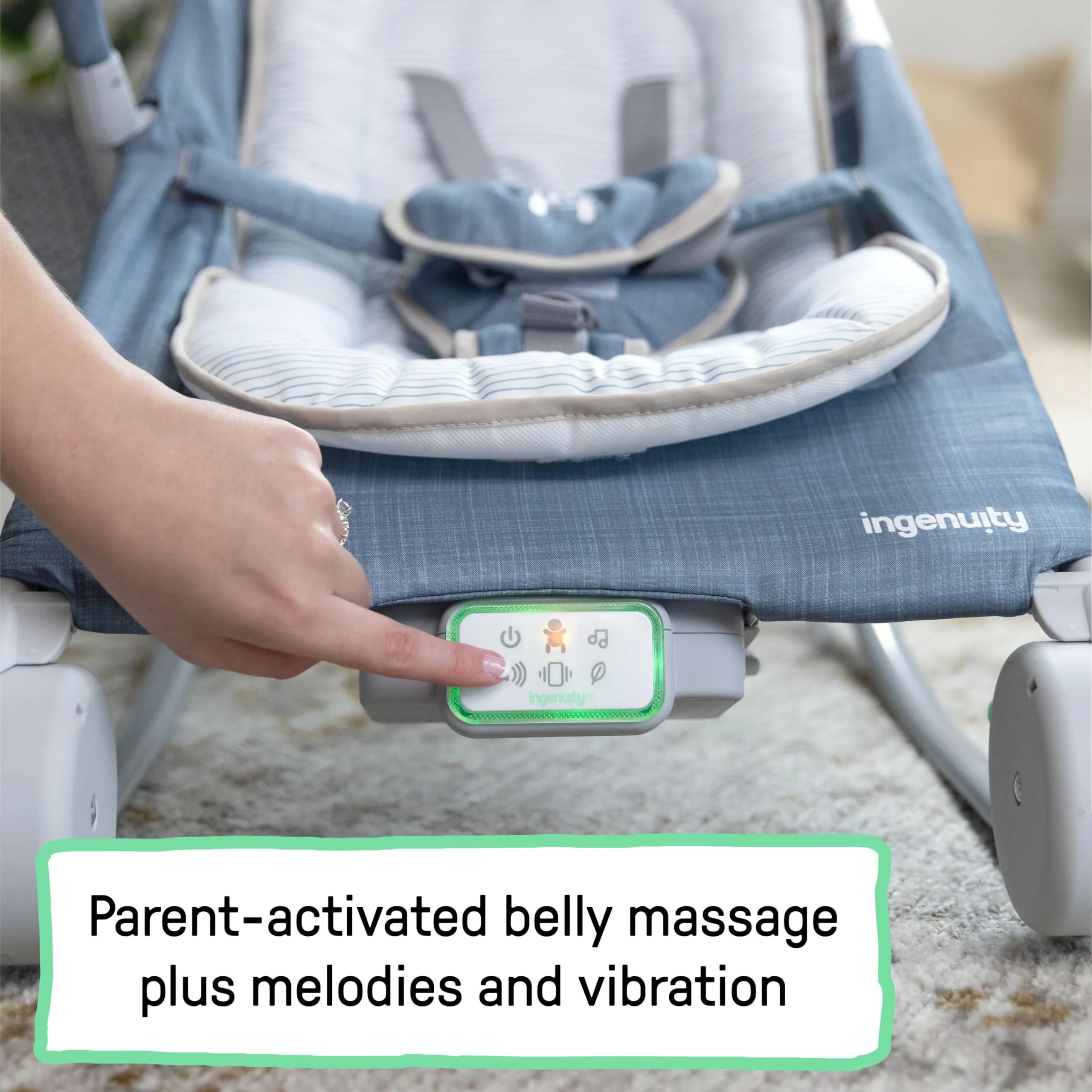 Ingenuity Sedile Sdraietta-Dondolo Happy Belly, con Musica, Vibrazioni e Barra Giocattoli, 0-6 Mesi, Blu Chambray - immagine 3