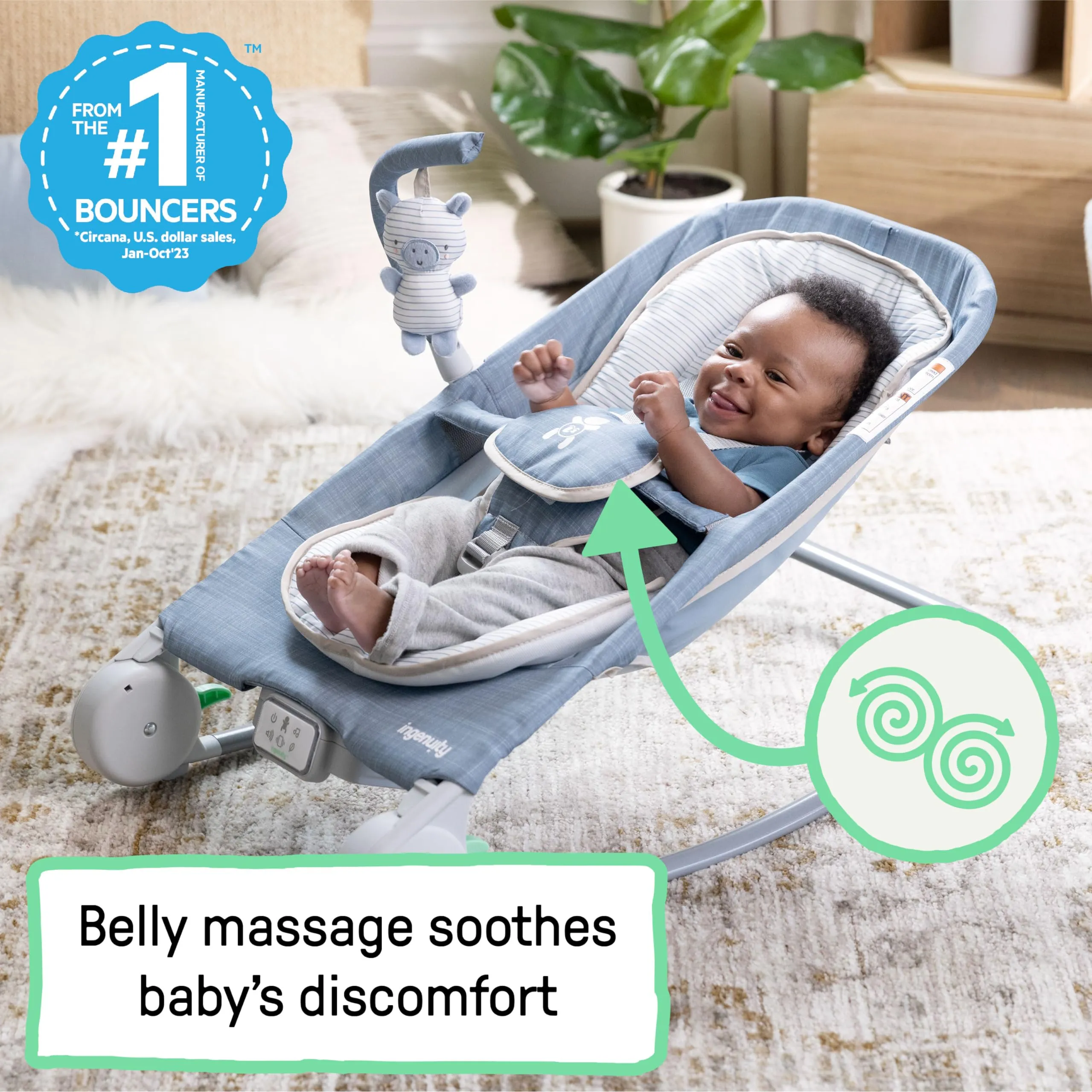 Ingenuity Sedile Sdraietta-Dondolo Happy Belly, con Musica, Vibrazioni e Barra Giocattoli, 0-6 Mesi, Blu Chambray - immagine 4