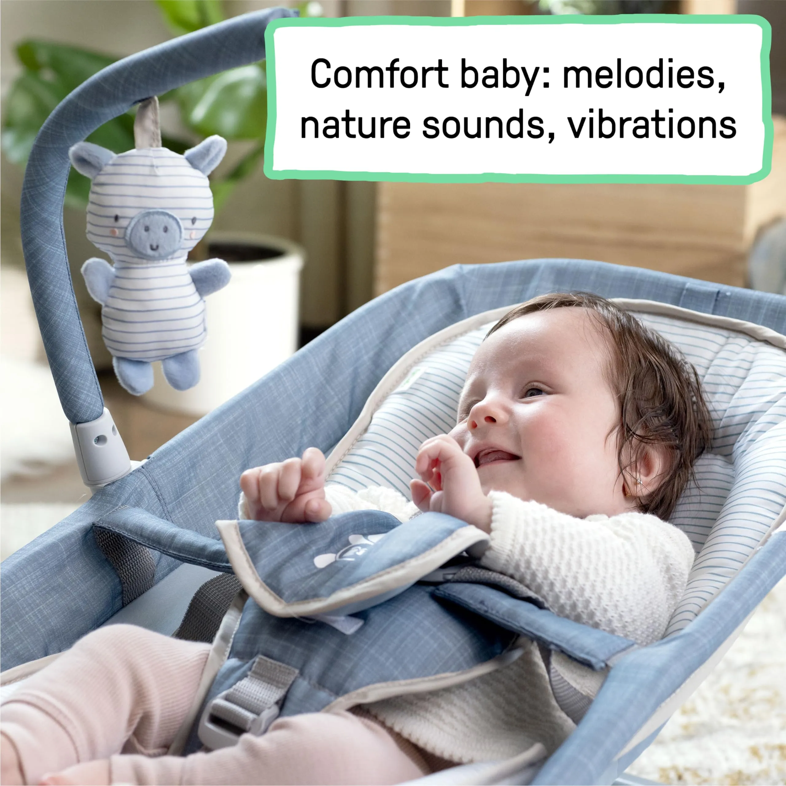 Ingenuity Sedile Sdraietta-Dondolo Happy Belly, con Musica, Vibrazioni e Barra Giocattoli, 0-6 Mesi, Blu Chambray - immagine 5