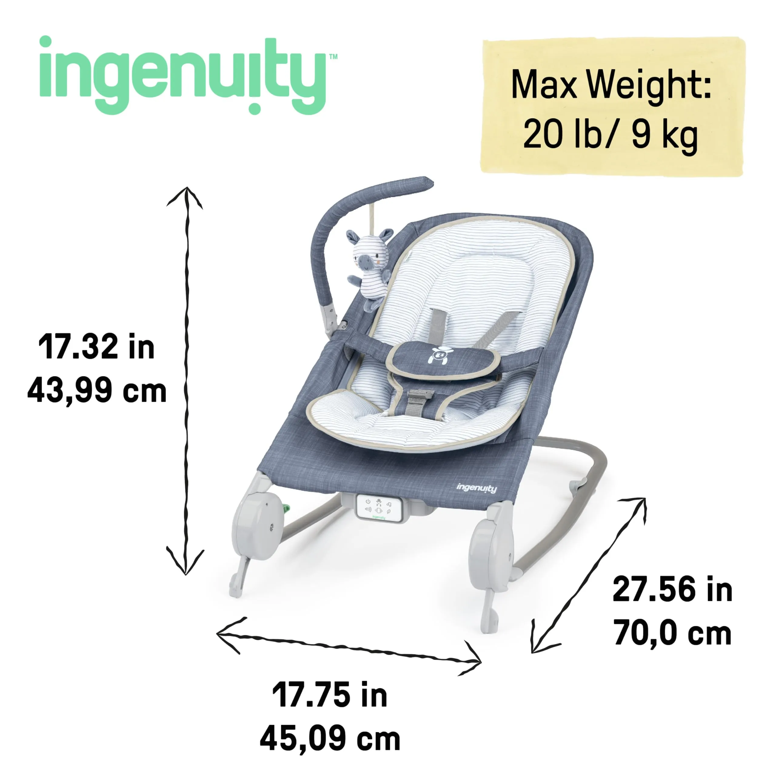 Ingenuity Sedile Sdraietta-Dondolo Happy Belly, con Musica, Vibrazioni e Barra Giocattoli, 0-6 Mesi, Blu Chambray - immagine 6