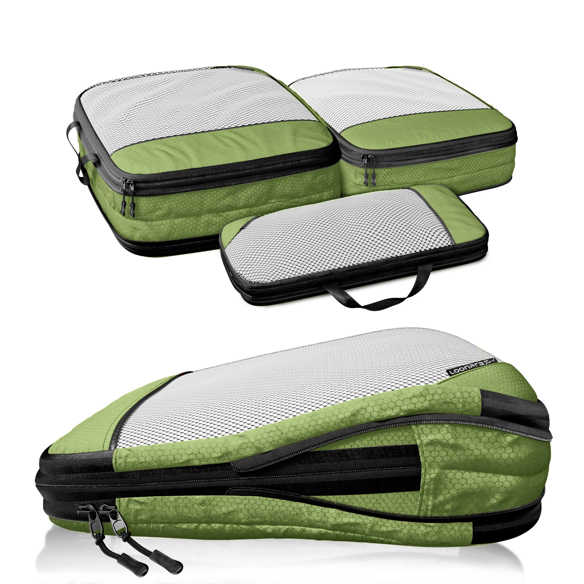 LOONARA Travel Sacchetti di compressione per valigie e zaini, Set 3 pezzi, Odissea D'oliva - Verde - immagine 1