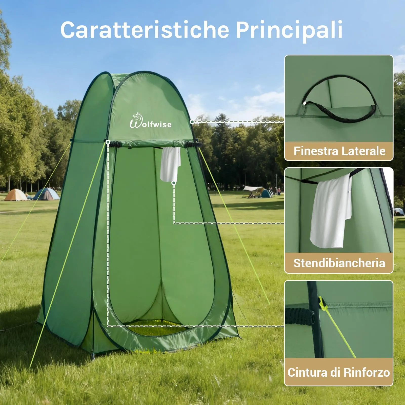 Wolfwise Tenda Pop-Up per Campeggio, Spiaggia e Doccia, 120 x 210 cm, Verde - immagine 7