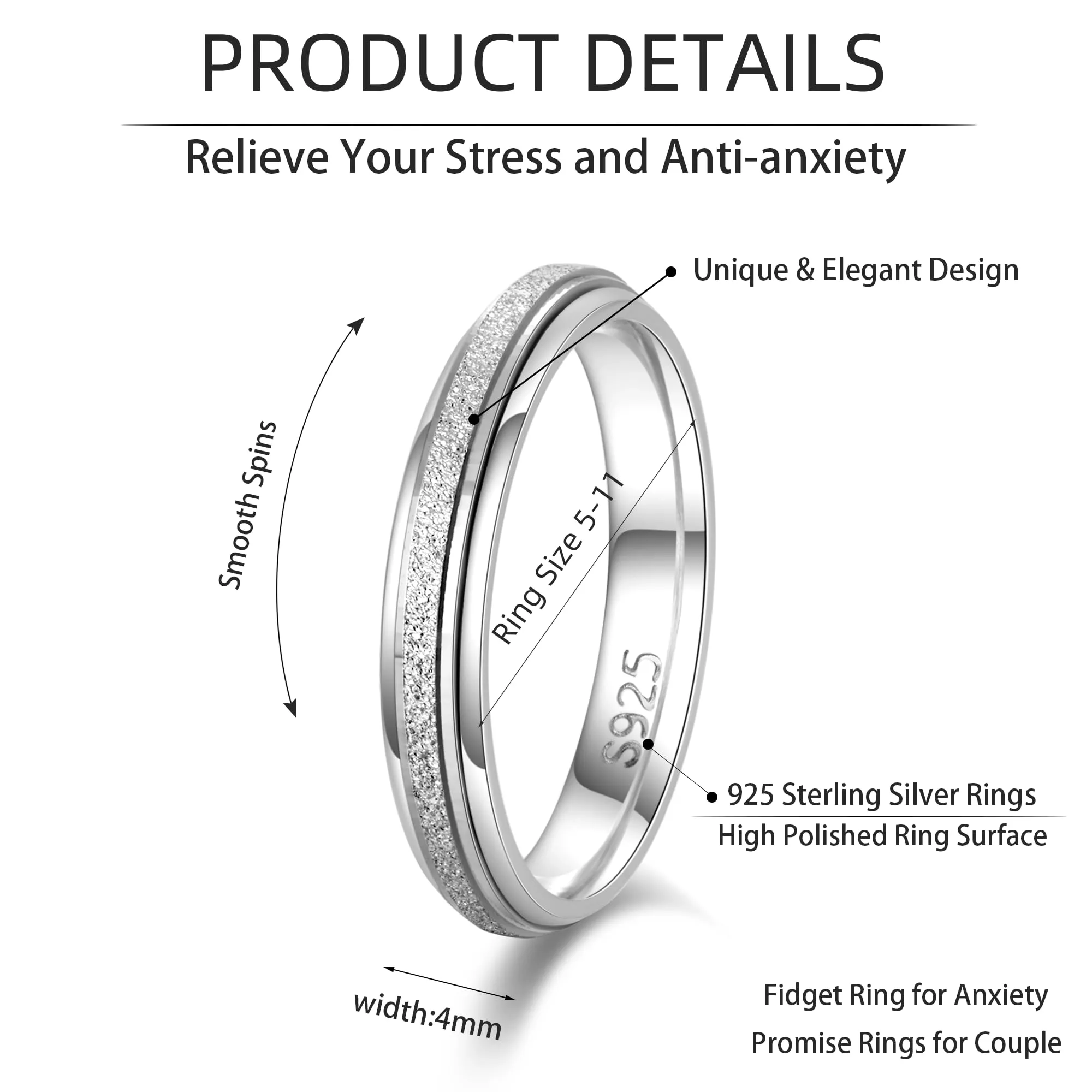 LOFITOR Anello Anti Stress in Argento 925 Spinner Sabbiatura a Rombo, 4mm, Misura 62 - immagine 6