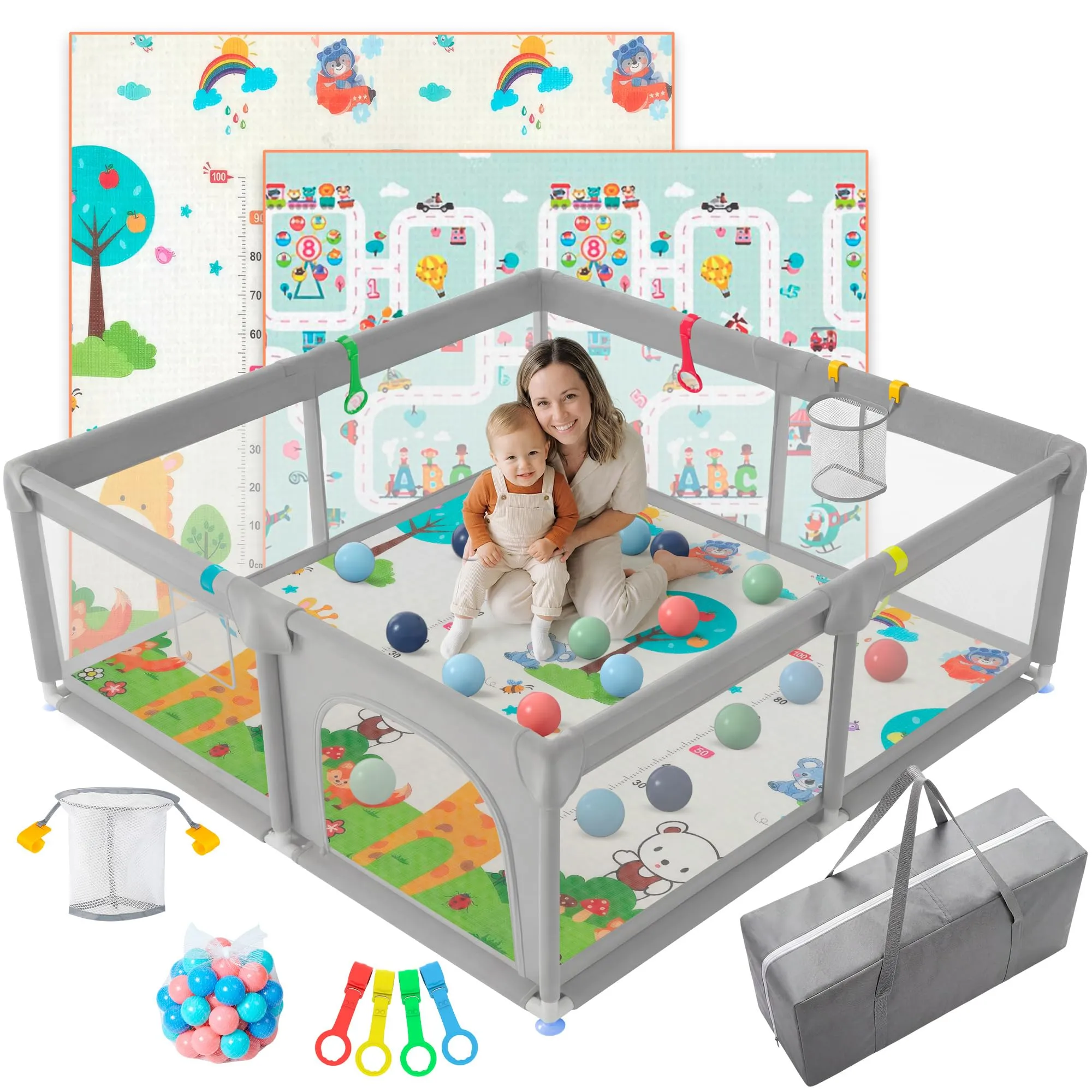 JUPPLIES Box Bambini 120x120 cm Recinto Gioco per Neonato 6-24 Mesi Grigio con tappeto, palline e borsa per il trasporto - immagine 1