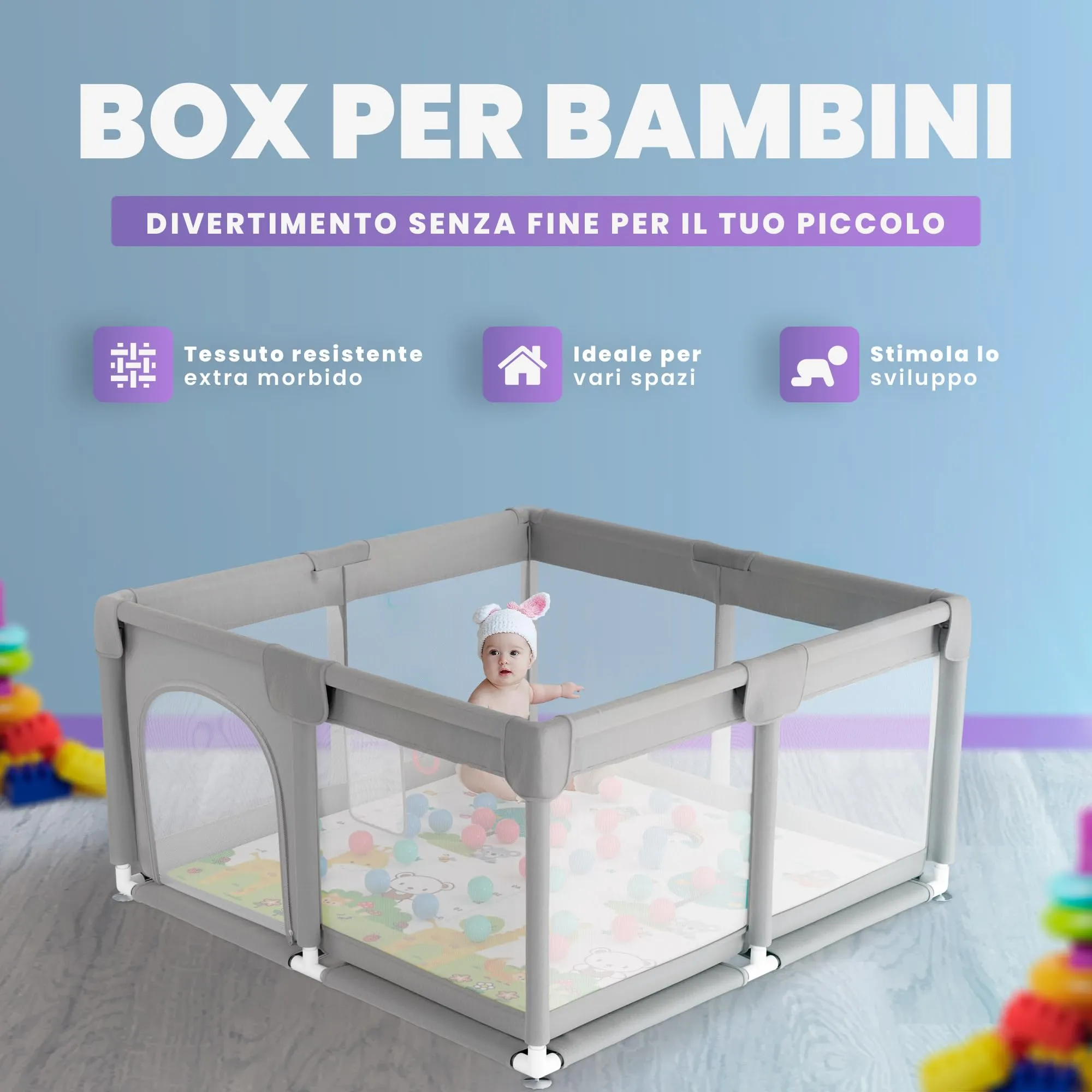 JUPPLIES Box Bambini 120x120 cm Recinto Gioco per Neonato 6-24 Mesi Grigio con tappeto, palline e borsa per il trasporto - immagine 2