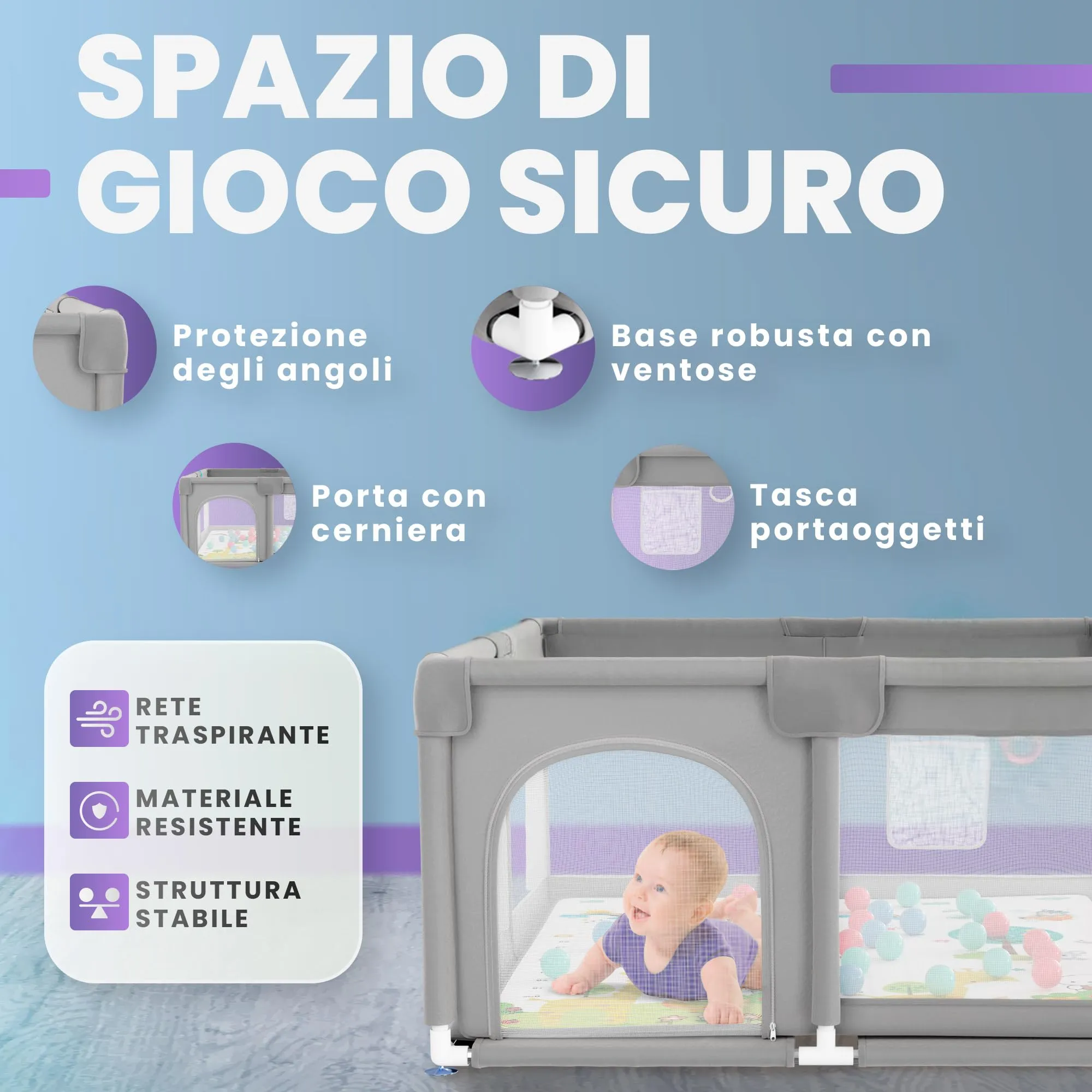 JUPPLIES Box Bambini 120x120 cm Recinto Gioco per Neonato 6-24 Mesi Grigio con tappeto, palline e borsa per il trasporto - immagine 3