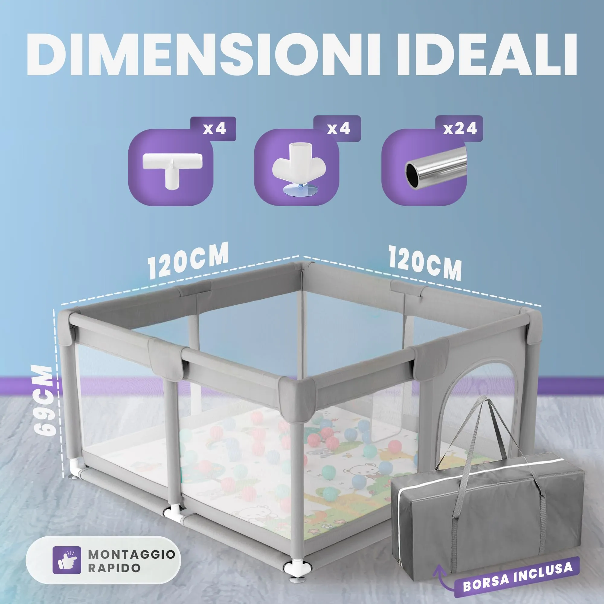 JUPPLIES Box Bambini 120x120 cm Recinto Gioco per Neonato 6-24 Mesi Grigio con tappeto, palline e borsa per il trasporto - immagine 4