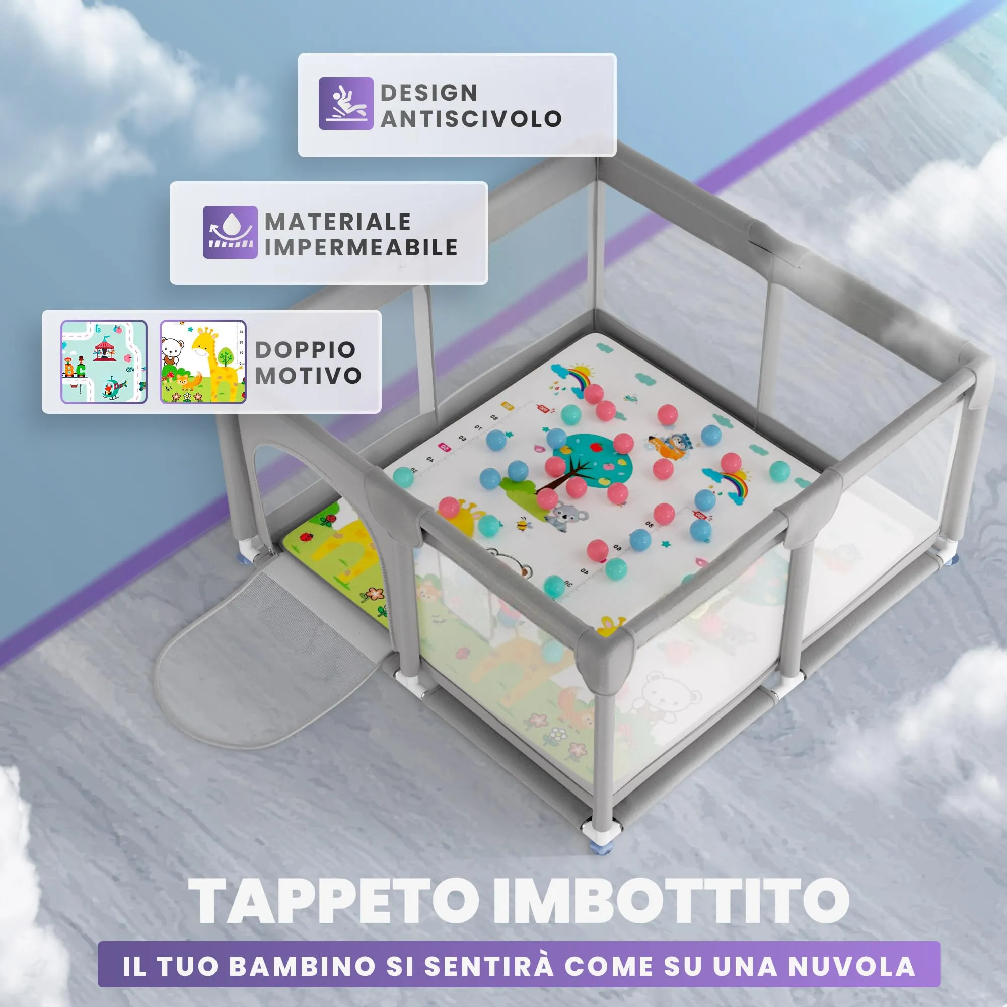 JUPPLIES Box Bambini 120x120 cm Recinto Gioco per Neonato 6-24 Mesi Grigio con tappeto, palline e borsa per il trasporto - immagine 5
